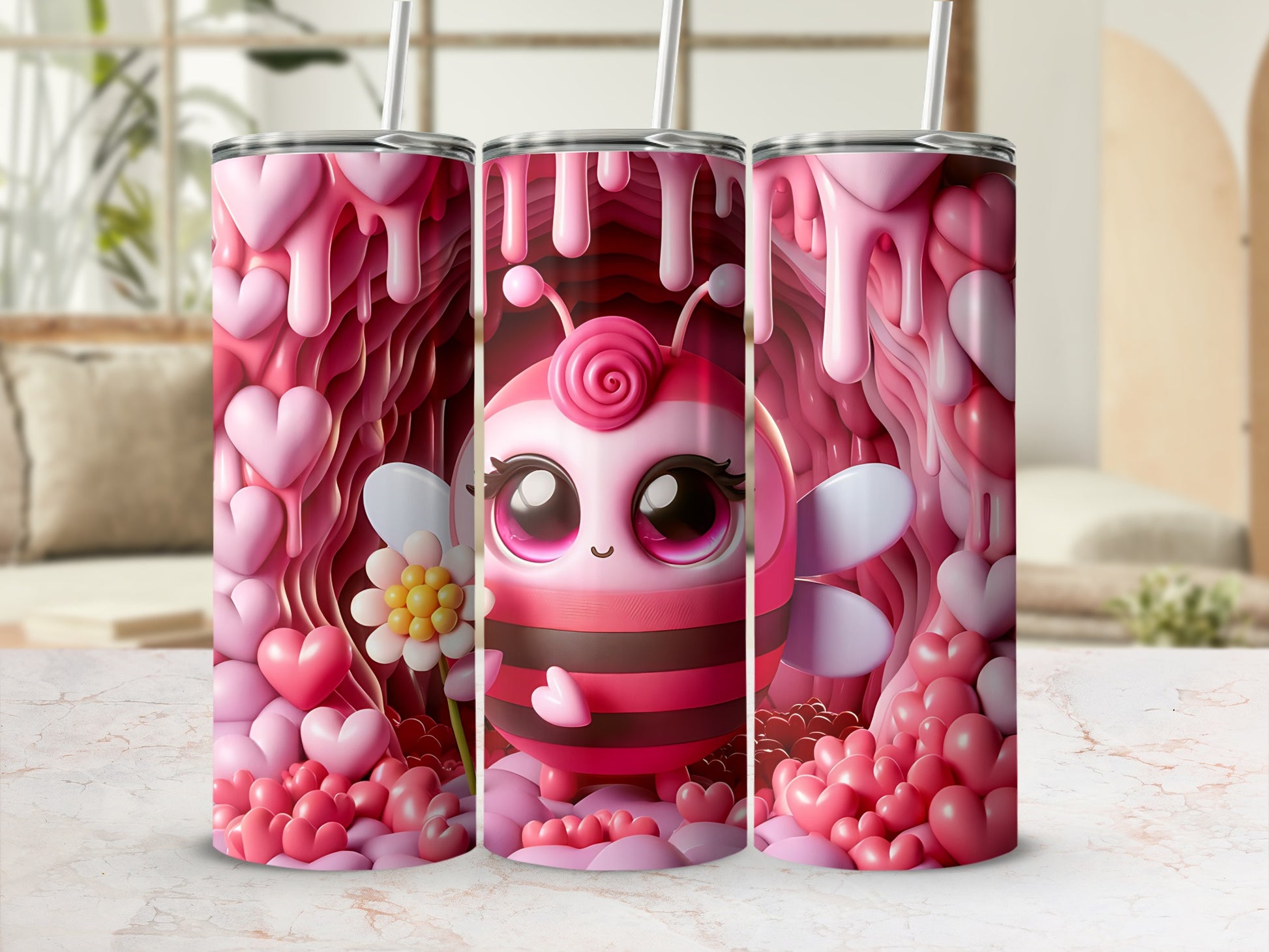 Cute pink bee with hearts and flowers on a tumbler.