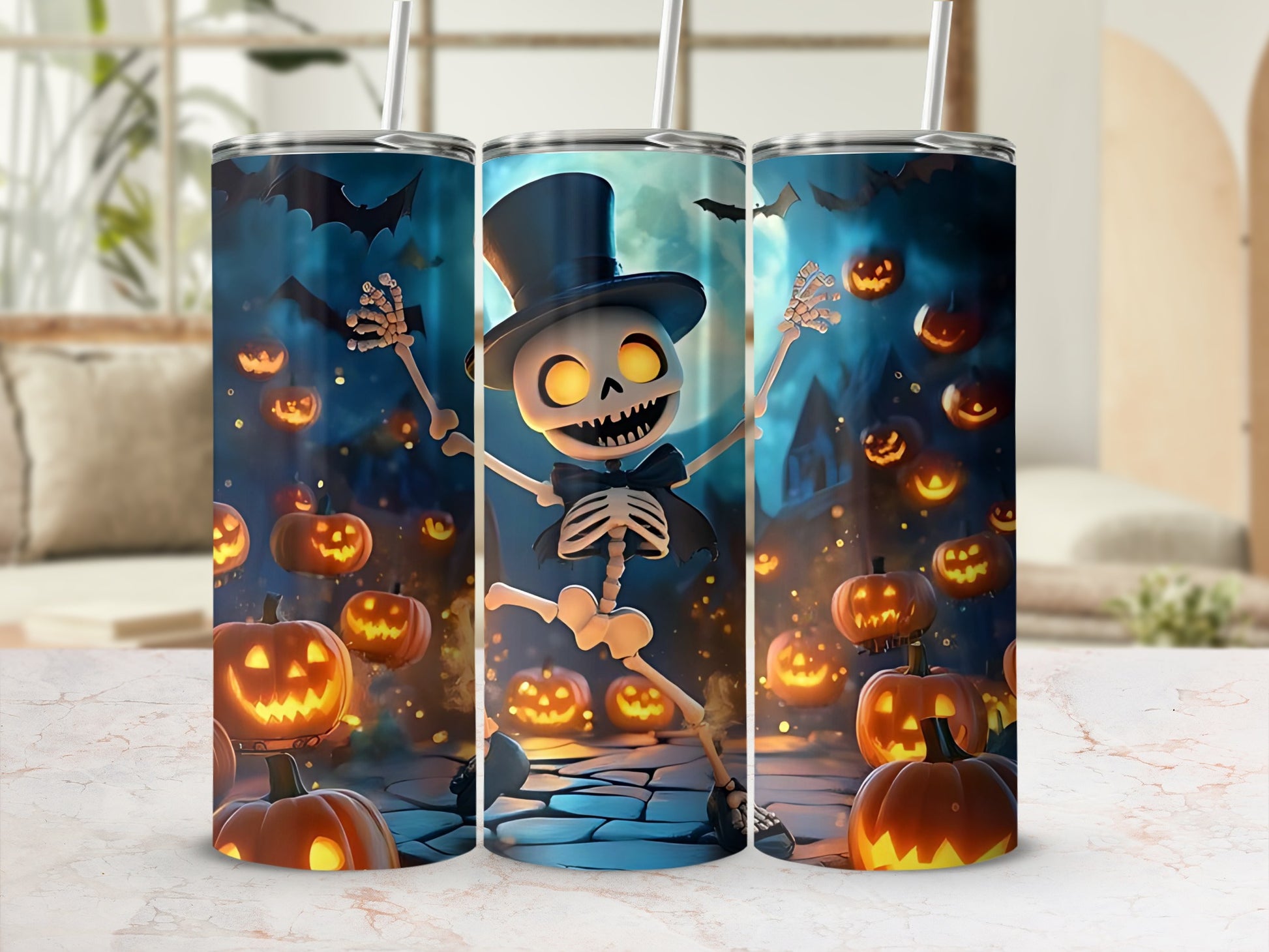 Halloween tumbler with skeleton wearing a top hat and pumpkins