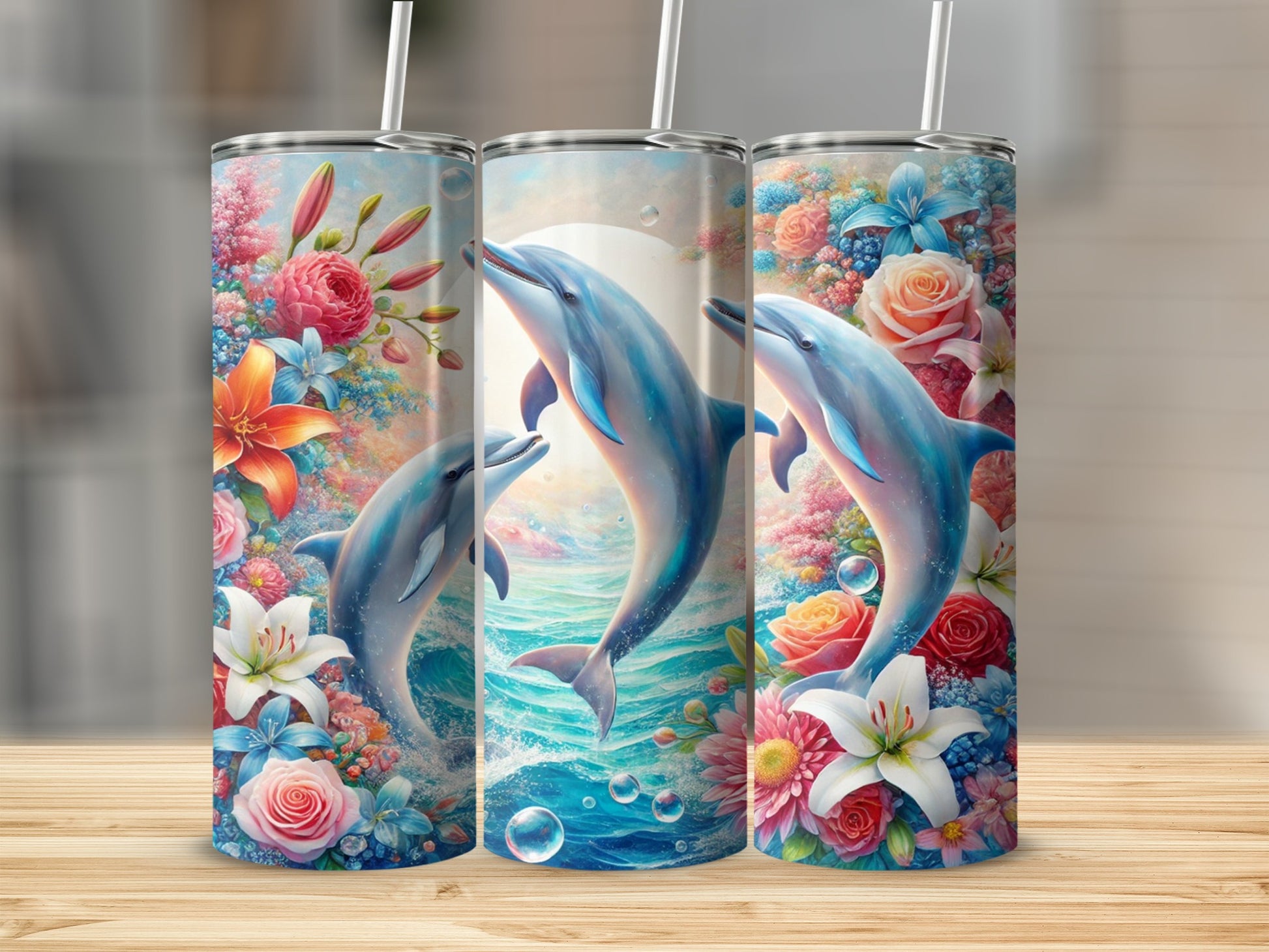Vibrant Dolphin and Floral Design Insulated Tumbler