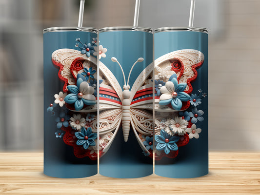 Three tumblers featuring a patriotic butterfly design with floral accents.