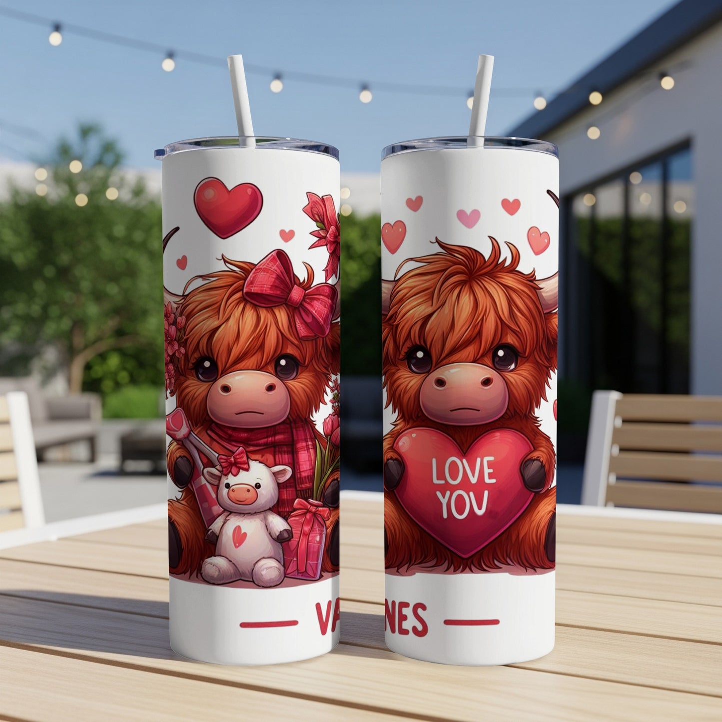 Two tall tumblers with cartoon bulls, hearts, and "VLANES" text.
