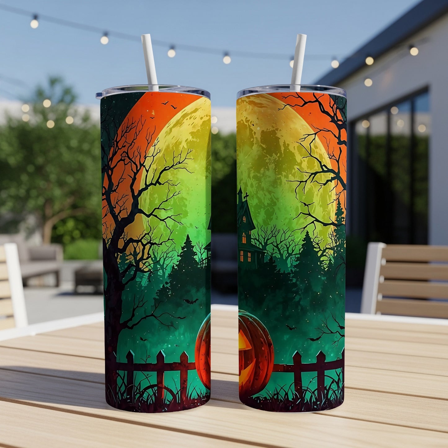 Two tumblers with a Halloween scene featuring a spooky house, jack-o'-lantern, and bare trees under a full moon.