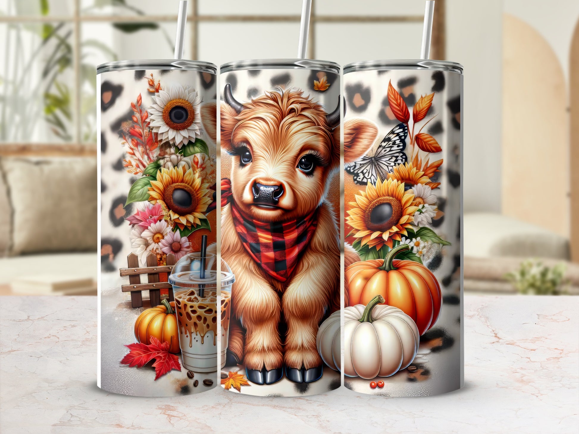 Cute calf with sunflowers, pumpkins, and leopard print on tumbler.