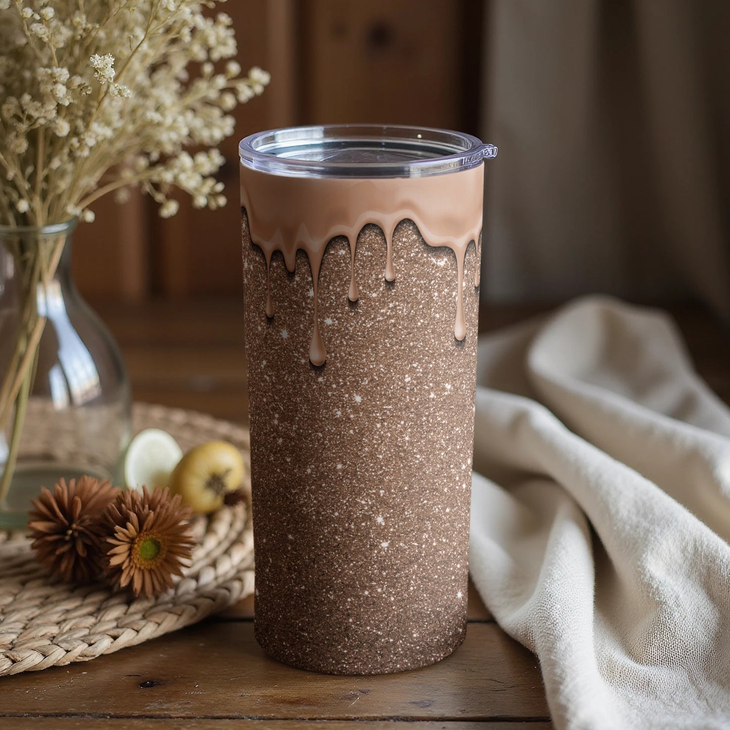 Stylish Brown and Beige Glitter Tumbler with Lid