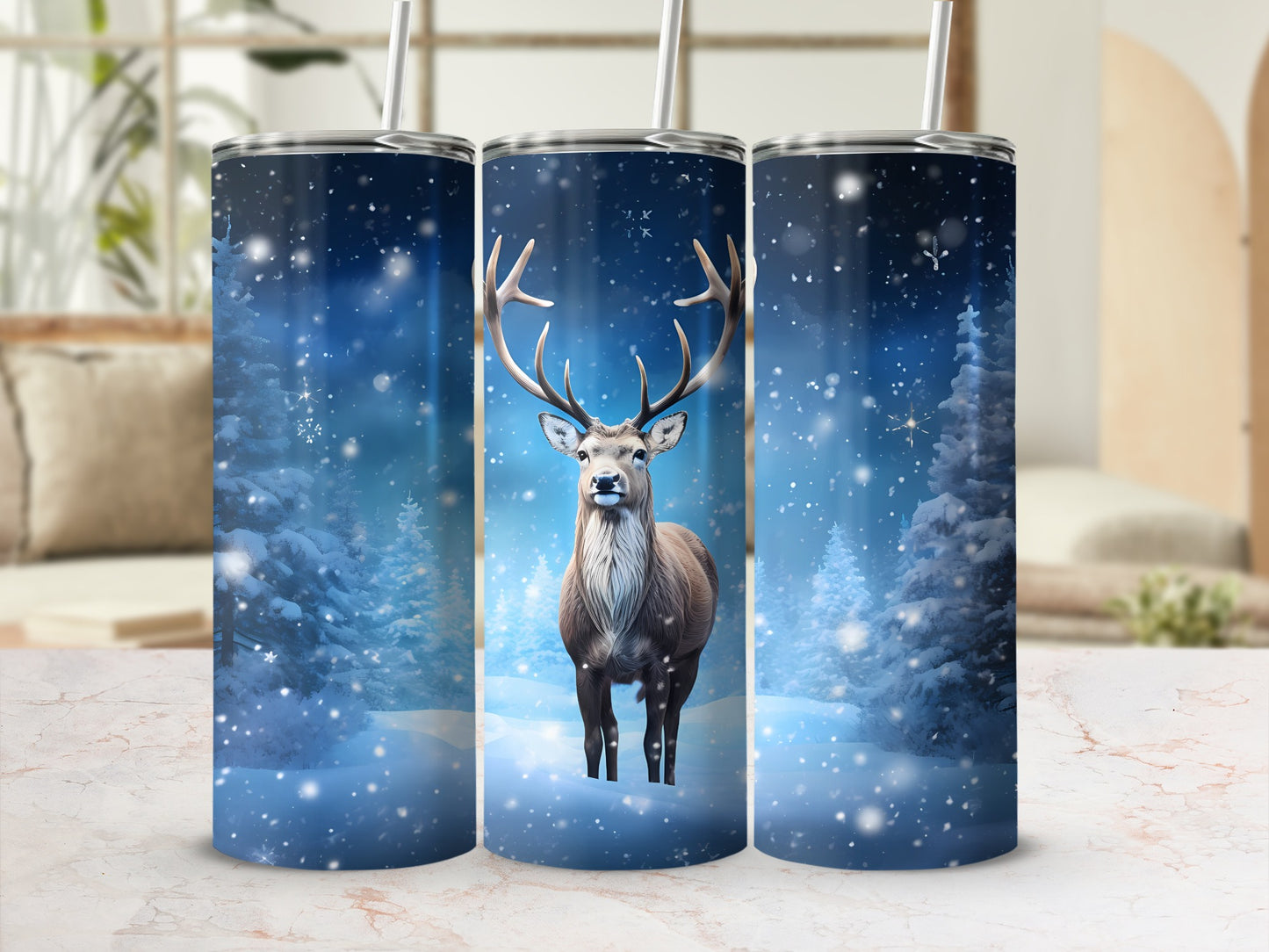 Winter Snowy Forest Reindeer Holiday Tumbler Design