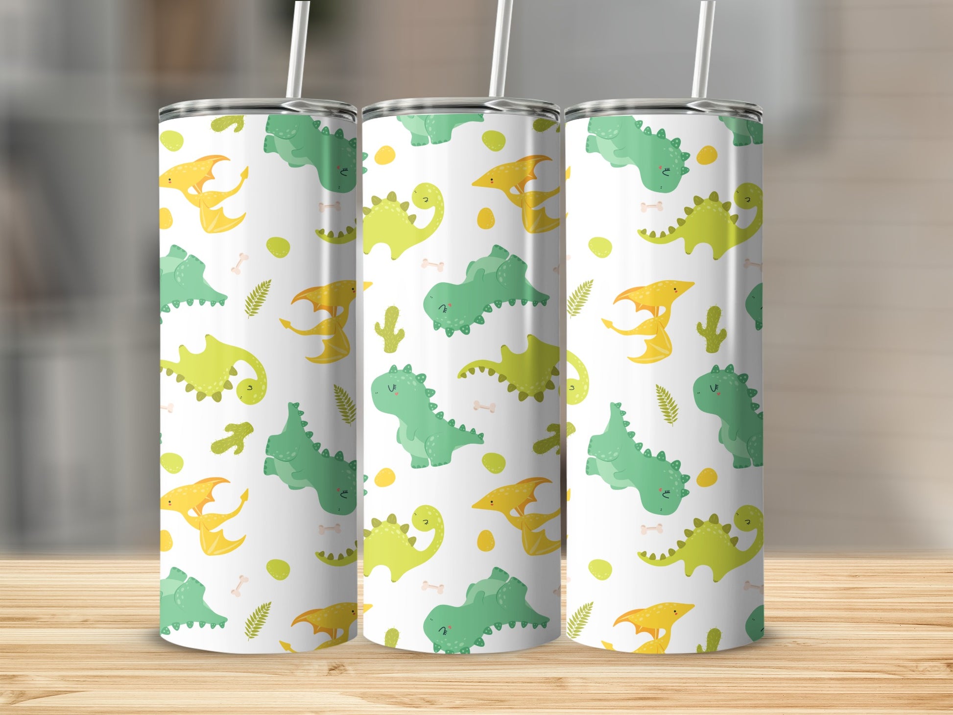 Cute Dinosaur Patterned White Insulated Tumbler Product