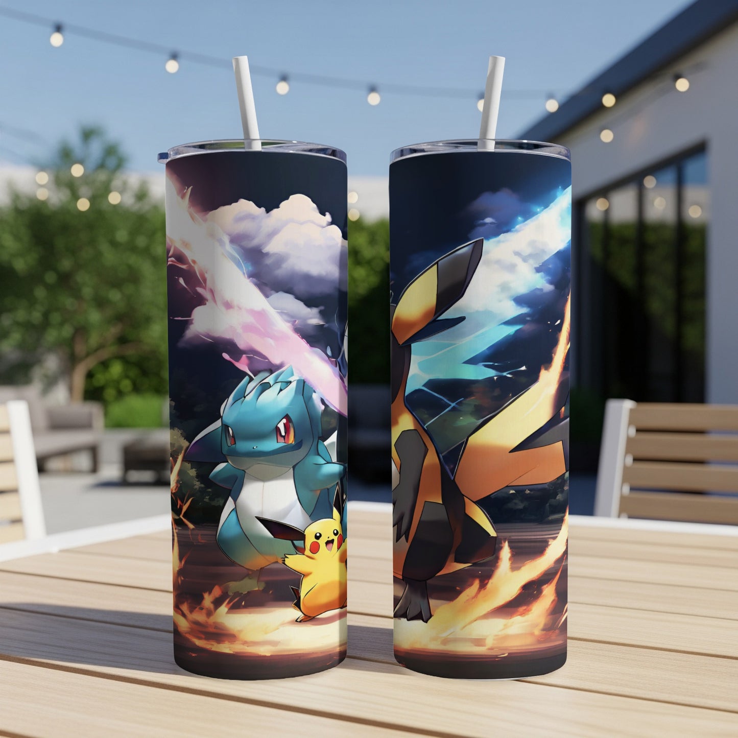 Two tumblers featuring Pokémon characters Pikachu, Squirtle, and Luxray in action.