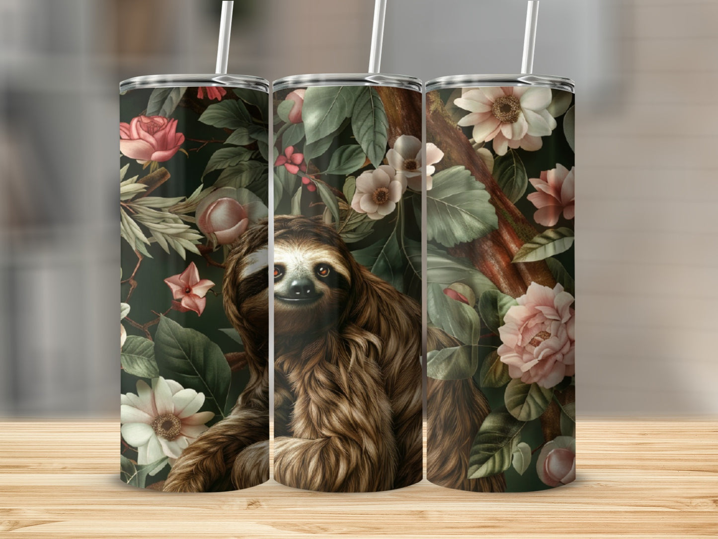 Sloth among flowers and leaves on a patterned tumbler.