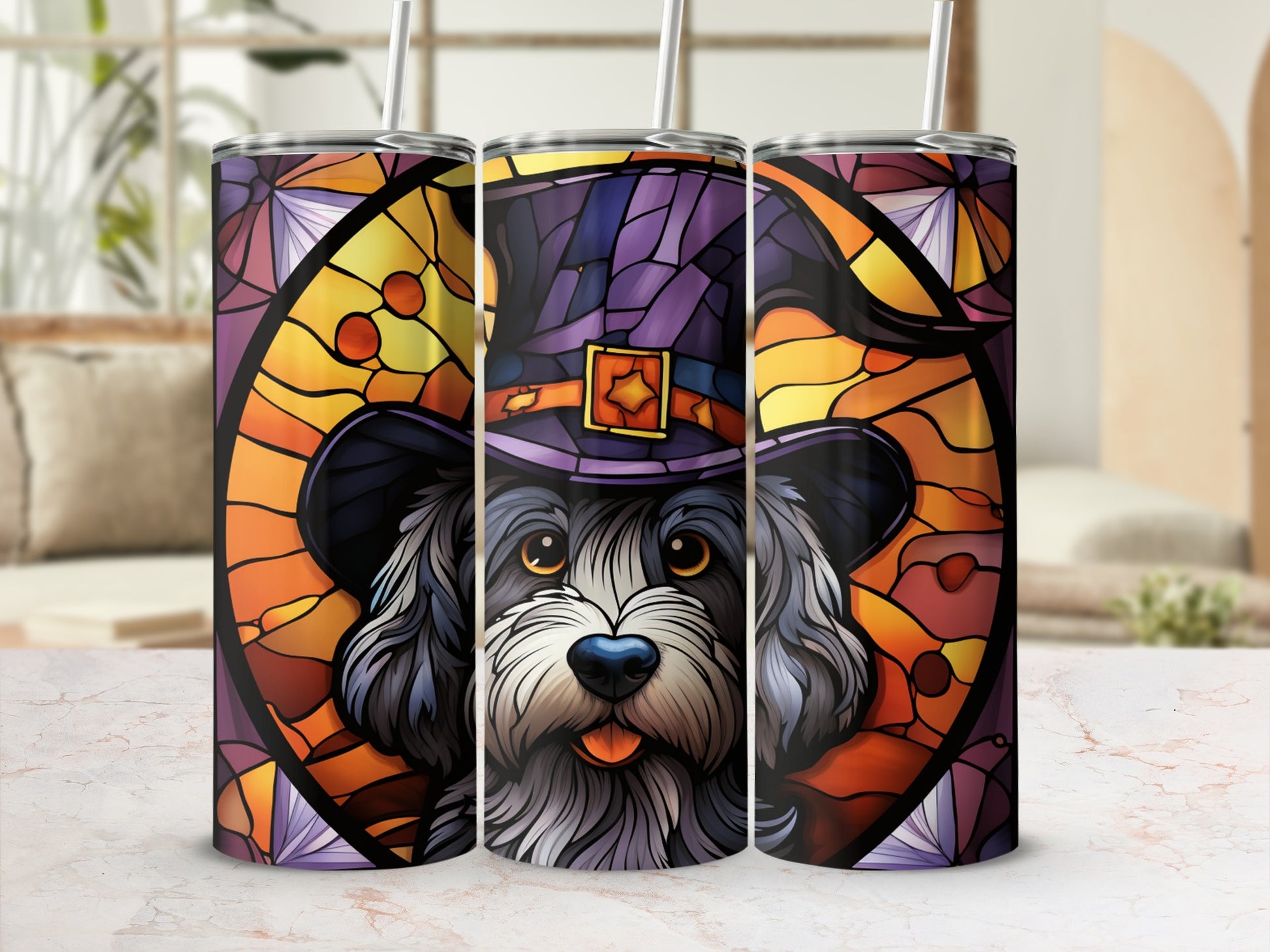 Stained glass tumbler with black dog in witch hat, Halloween theme.