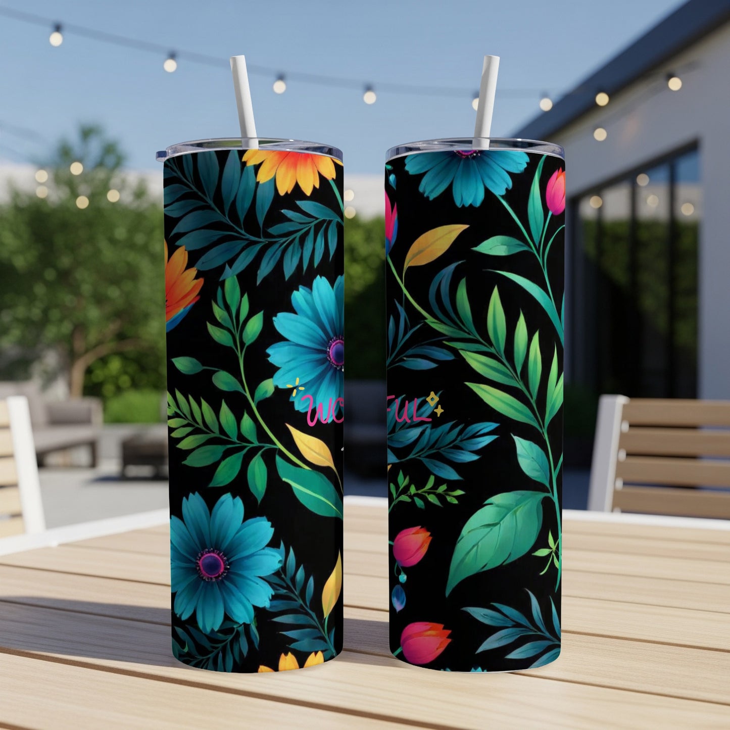 Two black tumblers with vibrant floral and leaf patterns, one with "Wish Fun" text.