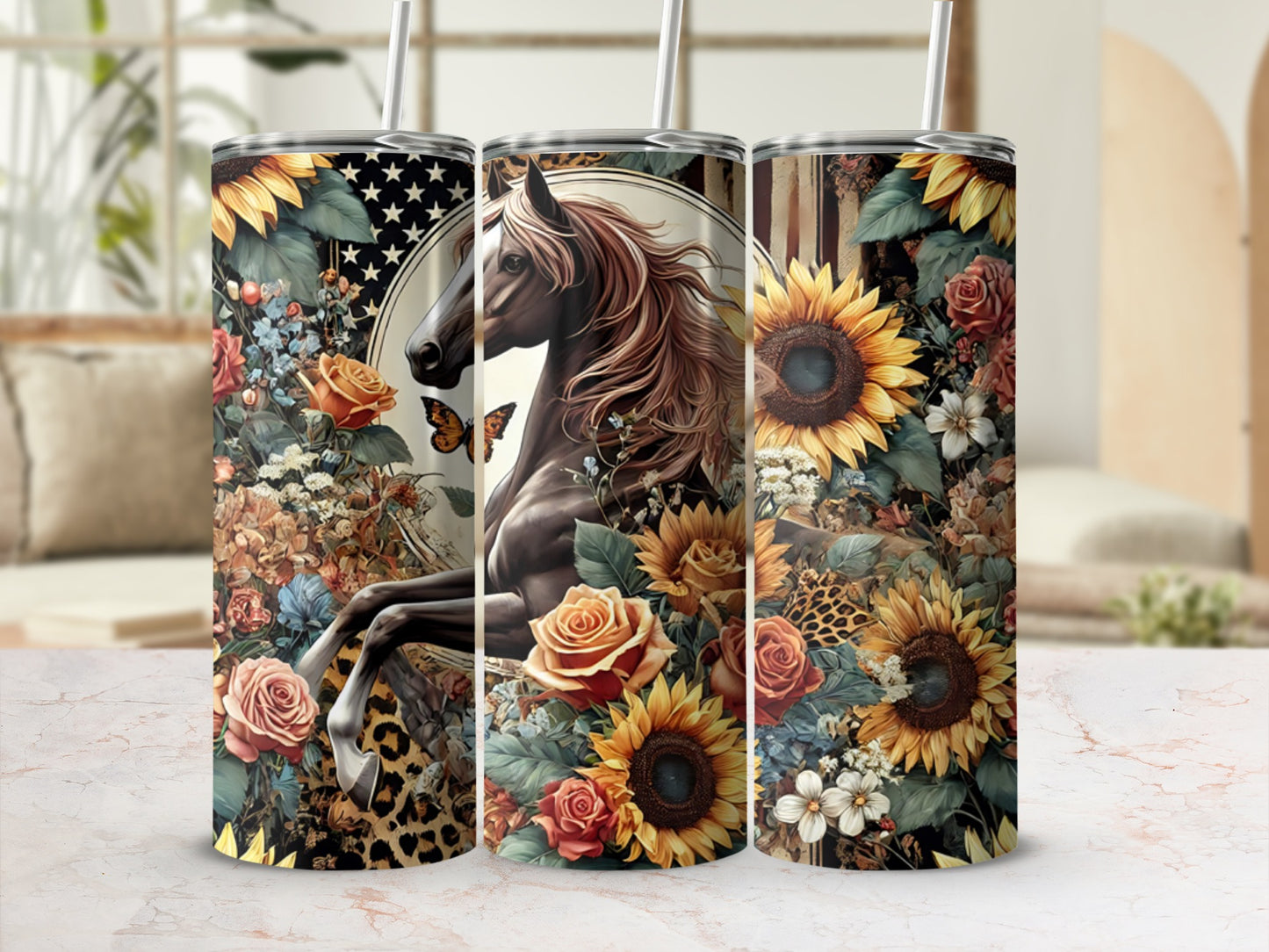 Horse and sunflowers on a patterned tumbler with leopard print and stars.