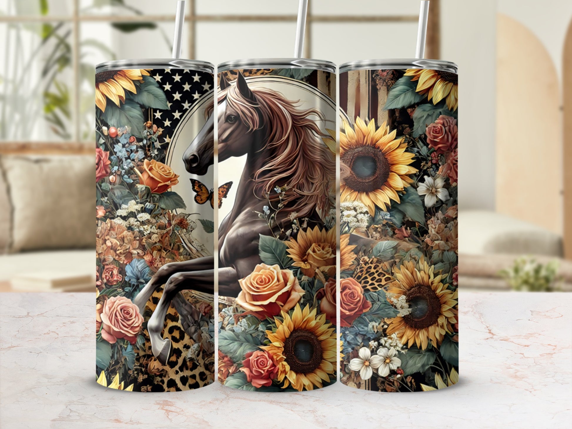 Horse and sunflowers on a patterned tumbler with leopard print and stars.