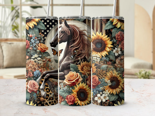 Horse and sunflowers on a patterned tumbler with leopard print and stars.