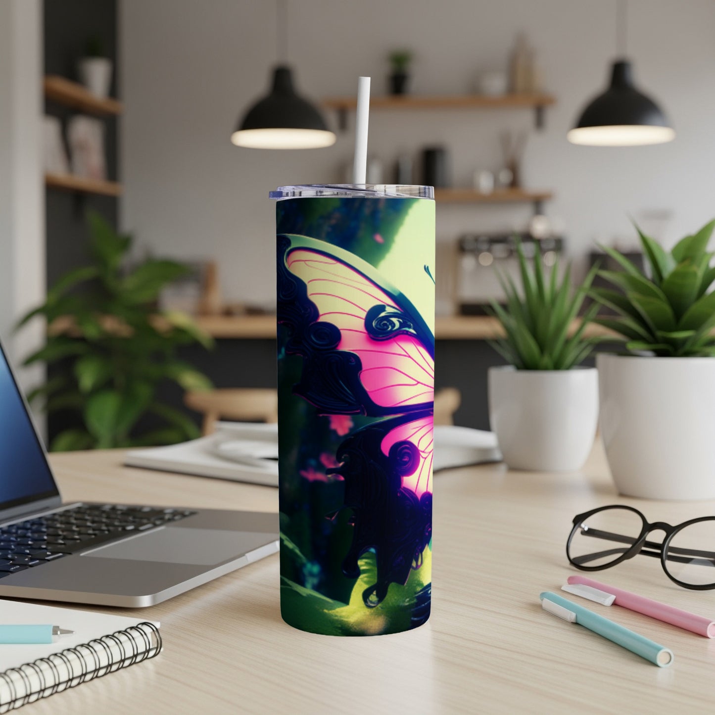 Tall tumbler with a vibrant pink and purple butterfly design.