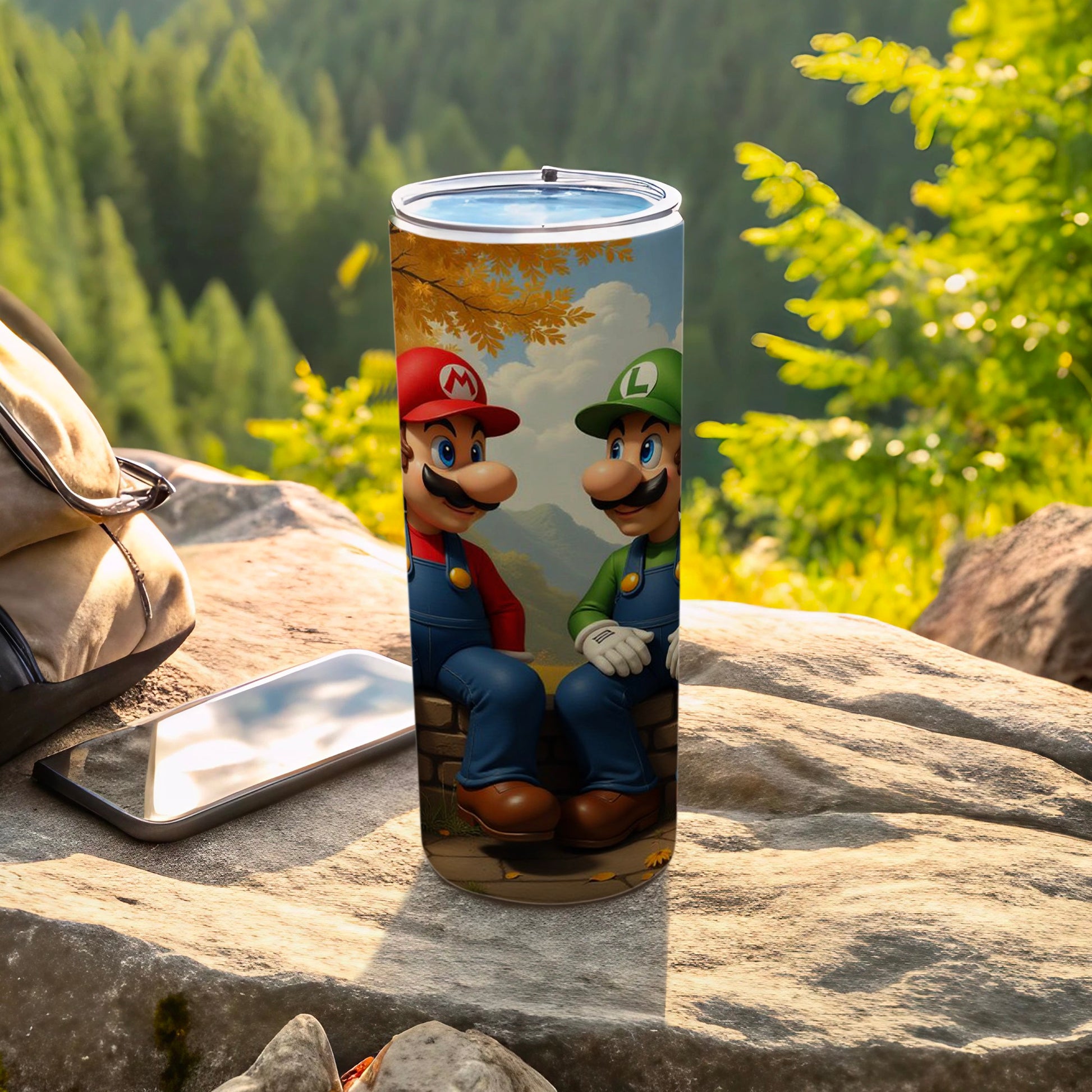 Vibrant Mario and Luigi Graphic on Travel Mug