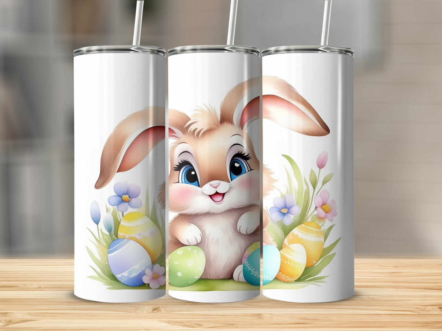 Cute bunny surrounded by colorful Easter eggs and flowers.