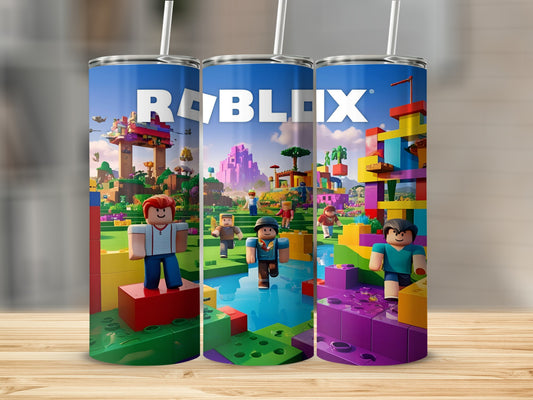 Roblox tumbler with game characters and colorful blocks.