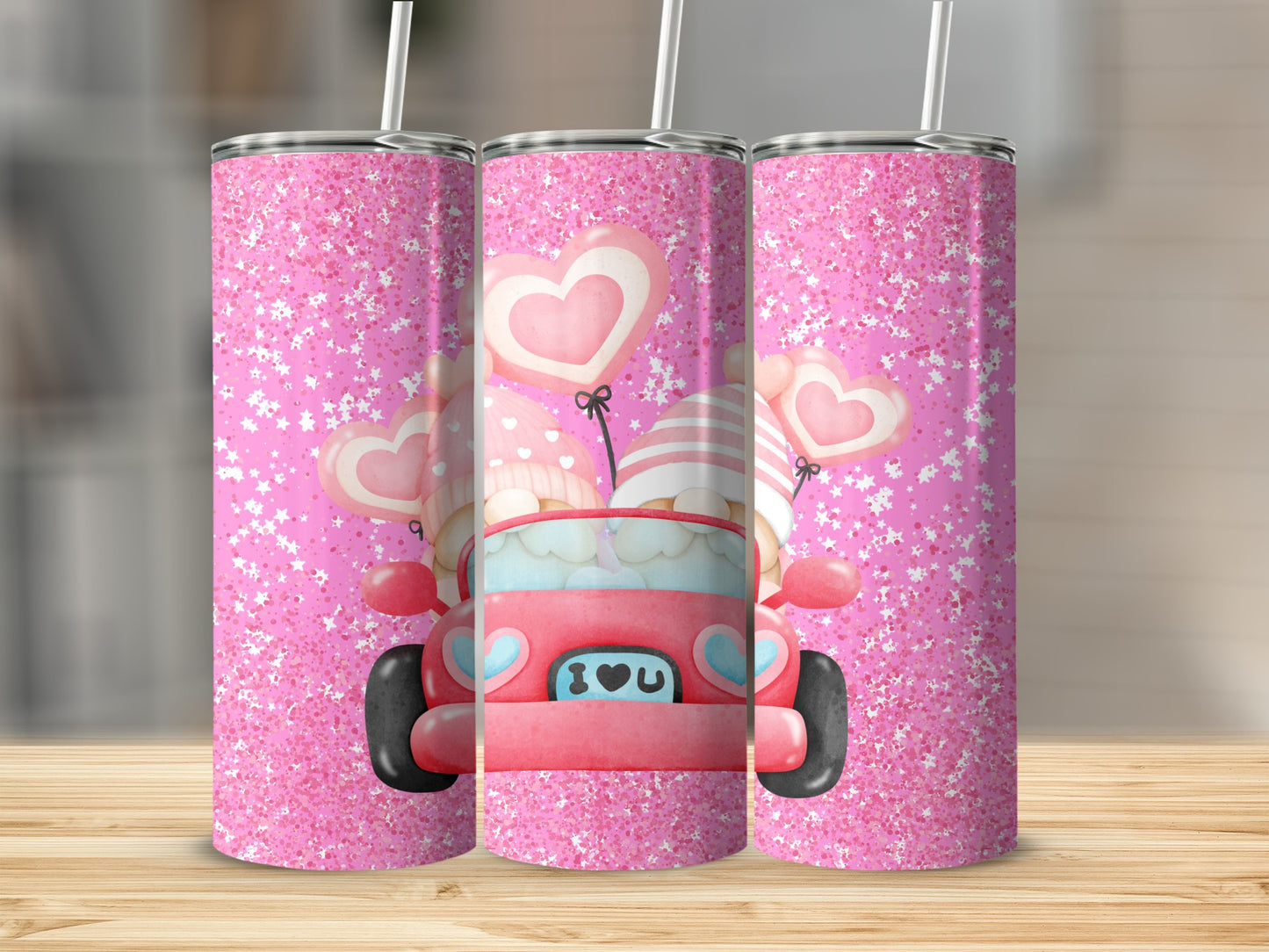 Pink Glitter Tumbler with Cute Heart Balloons Design