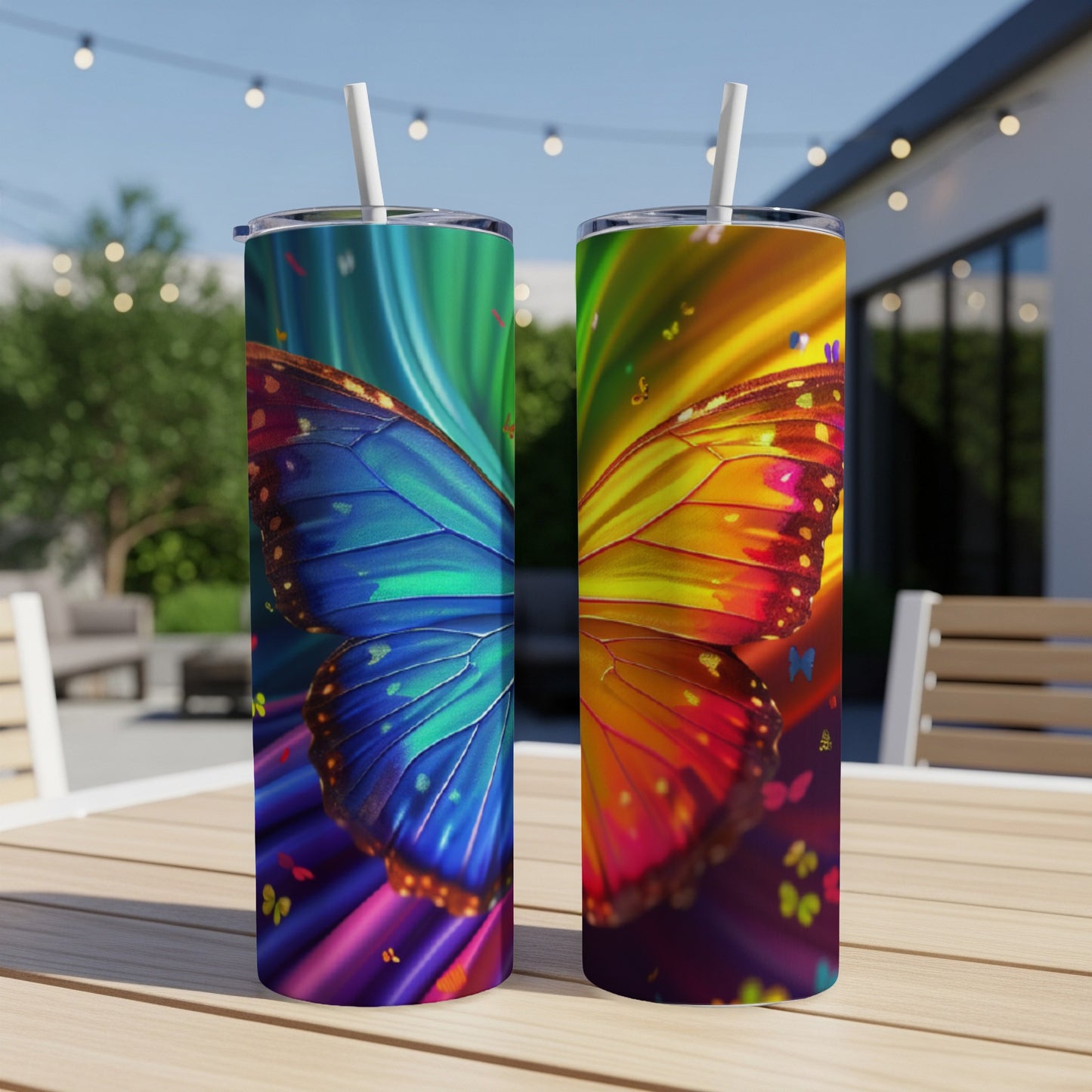 Two tall tumblers with vibrant butterfly wing designs on a wooden table.