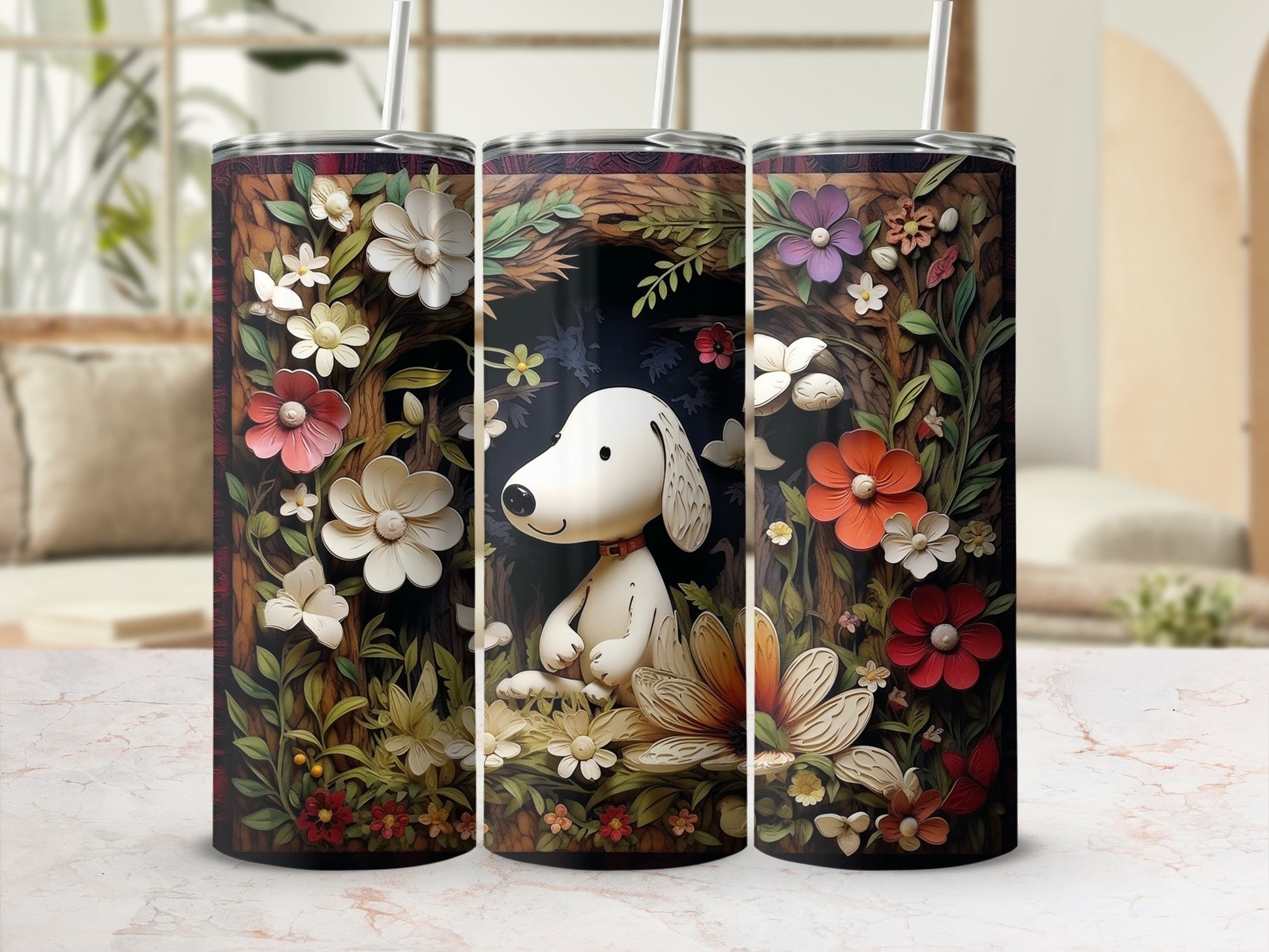 Floral Dog Design Tumbler with Colorful Flowers Decor