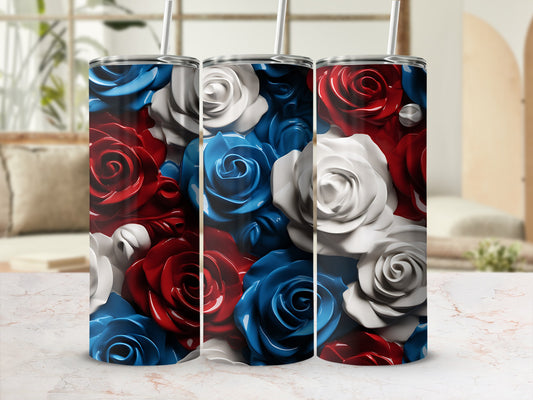 Three tumblers with red, white, and blue rose floral design.