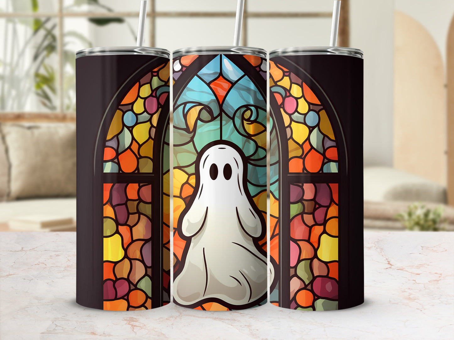 Ghost in stained glass window design on a tumbler.