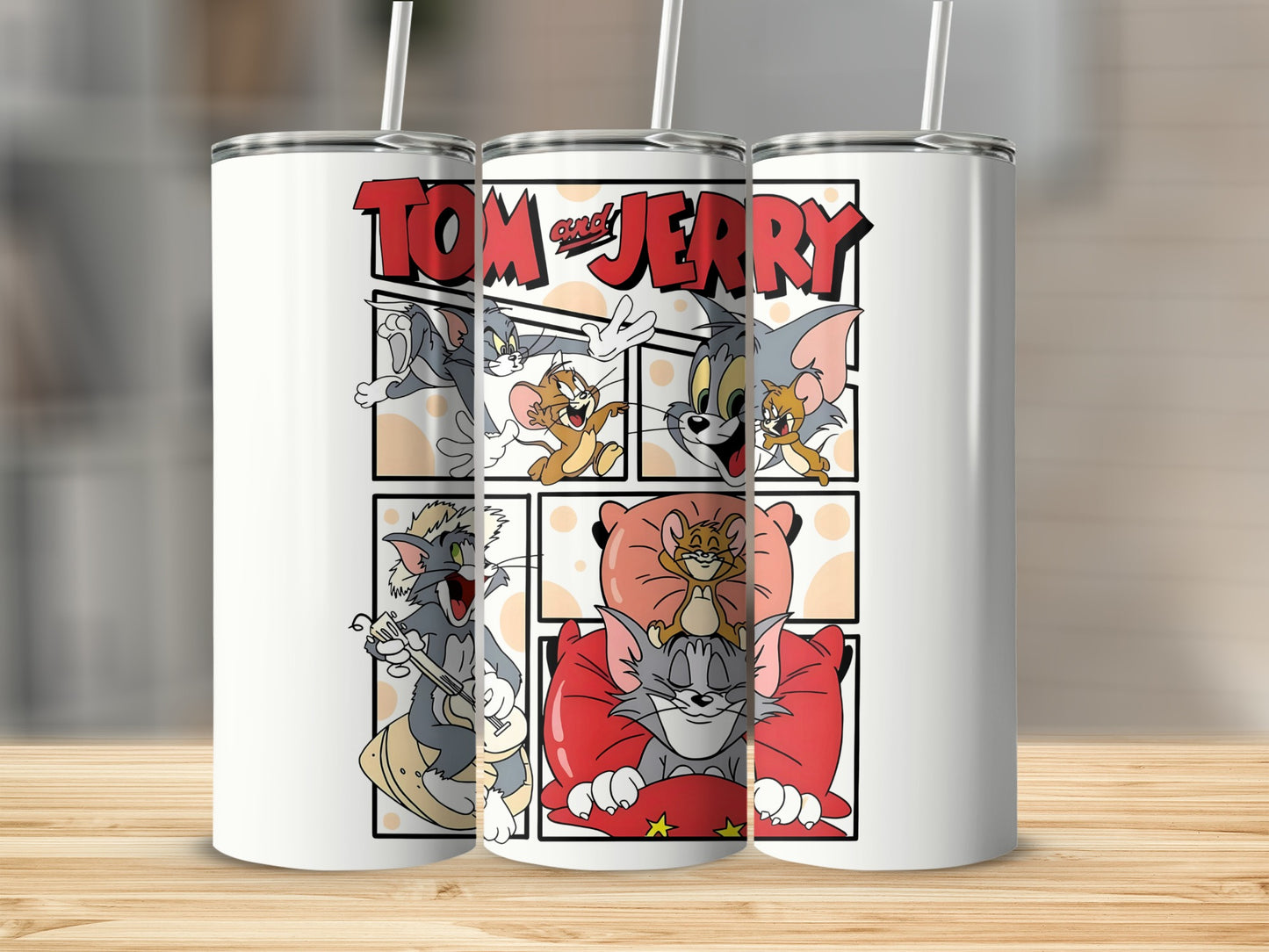 Tom and Jerry Comic Strip Print Tumbler with Straw