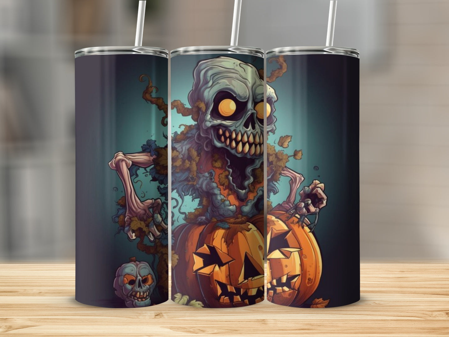 Three tumblers with a spooky skeleton zombie and jack-o'-lanterns Halloween design.