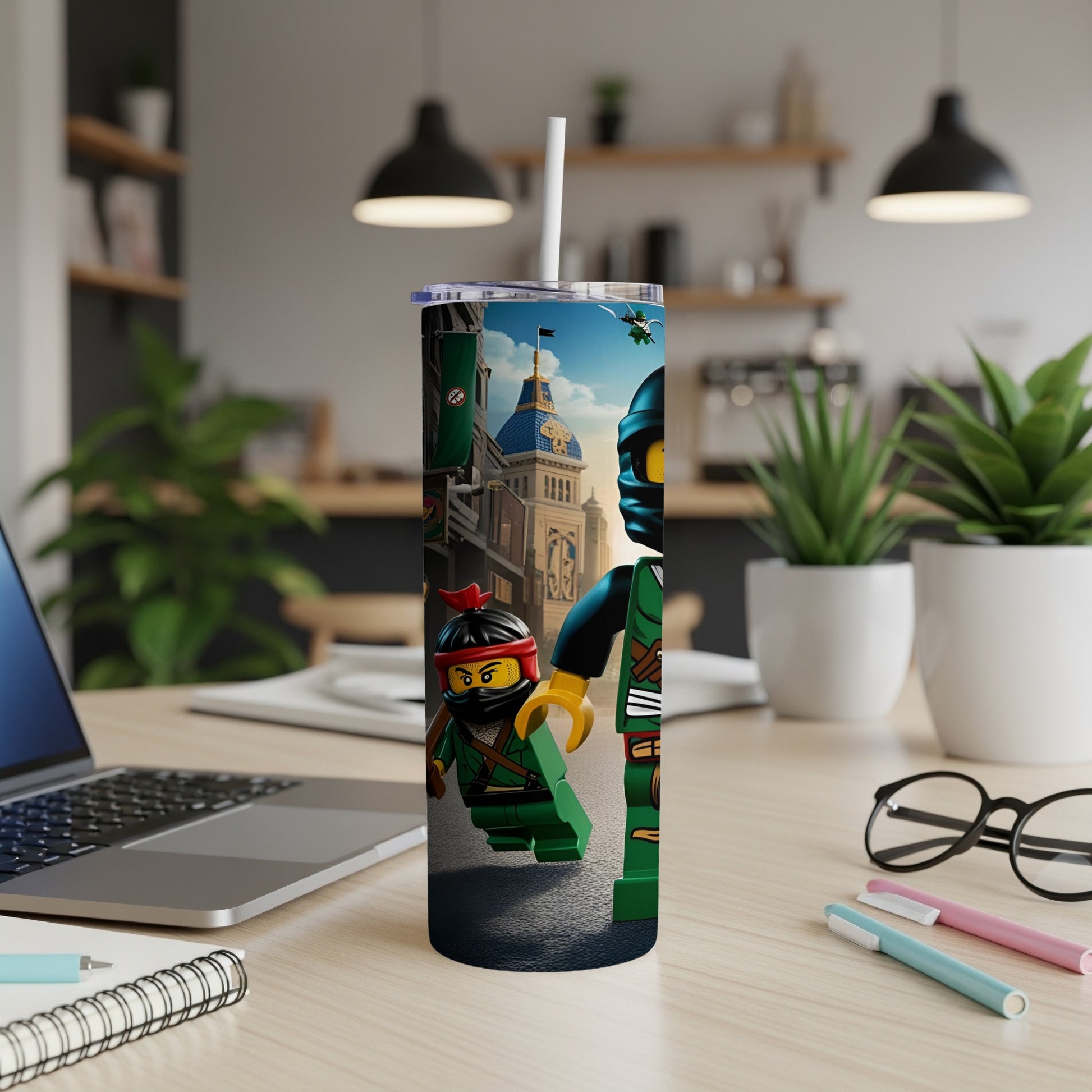Lego Ninjago characters holding hands on a thermal tumbler with kitchen background.