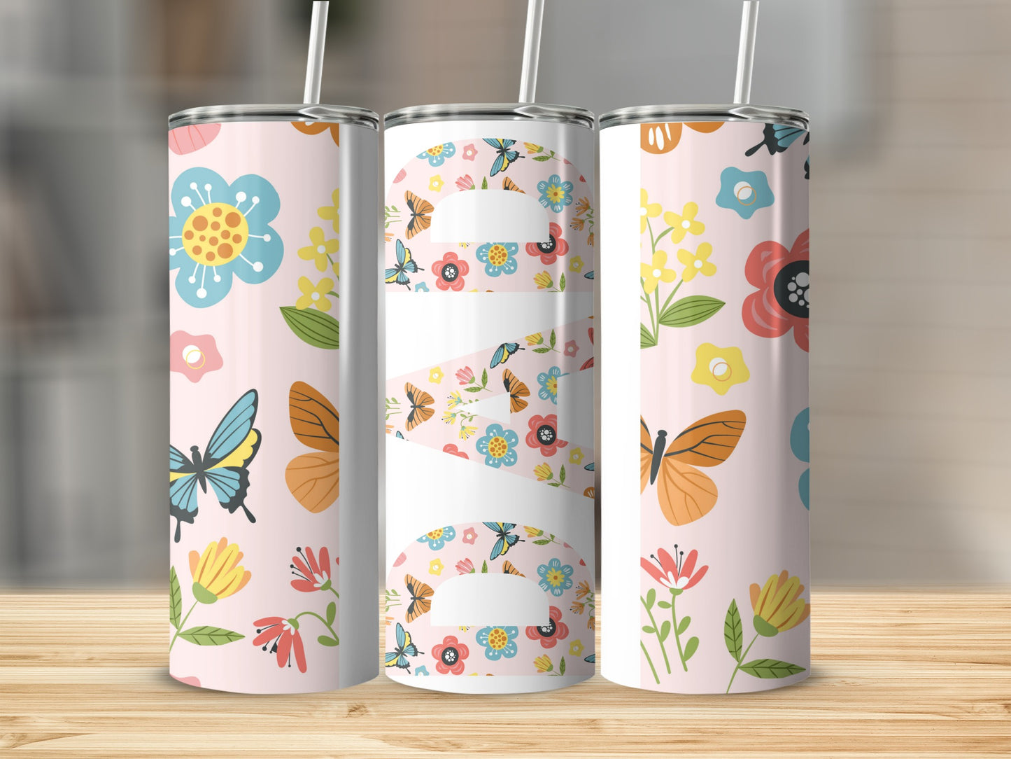 Colorful Flower and Butterfly Design Tumbler