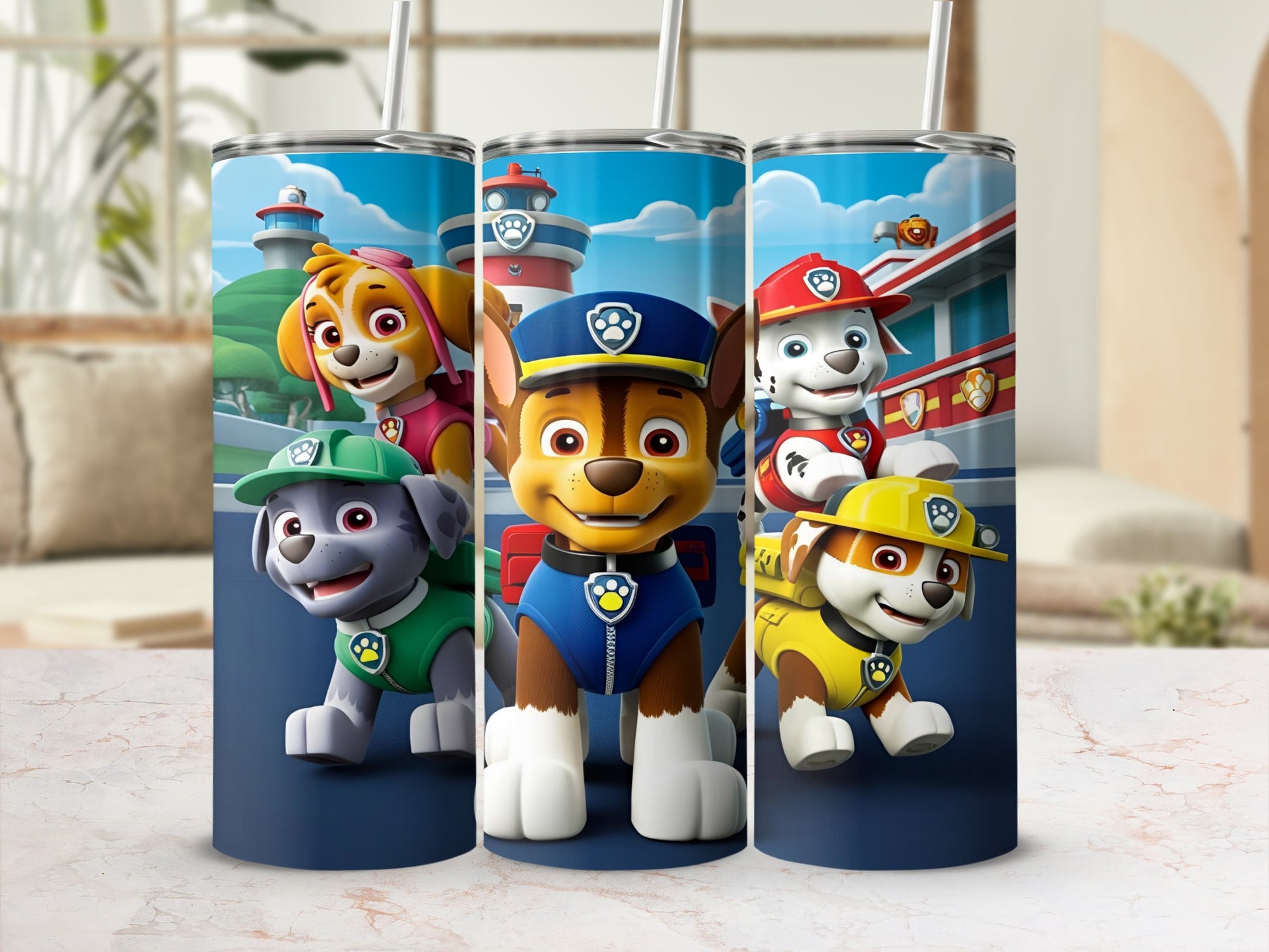 Paw Patrol characters Chase, Skye, Rubble, and Marshall on a blue tumbler with straws.