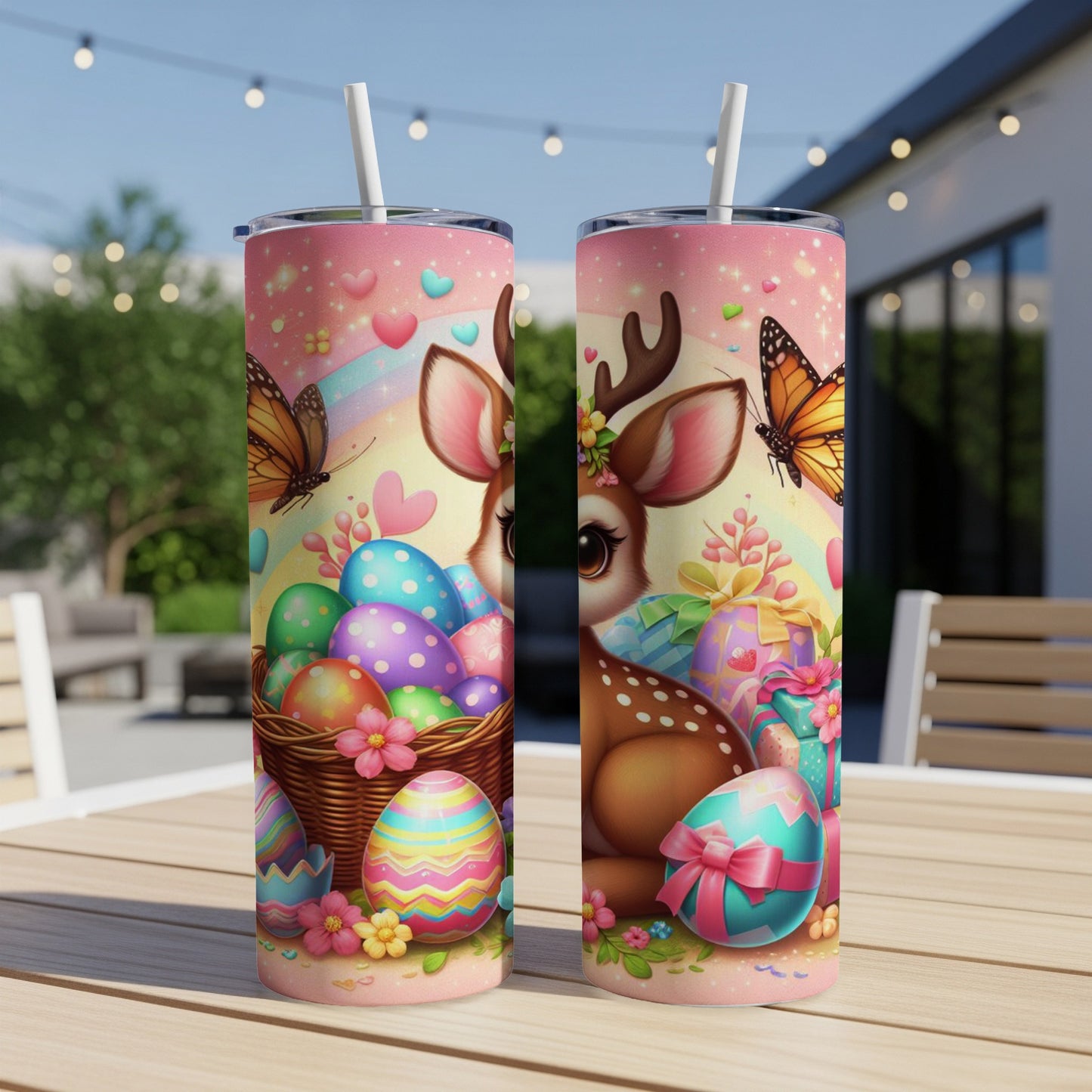 Easter tumbler with deer, Easter eggs, butterflies, and gifts.