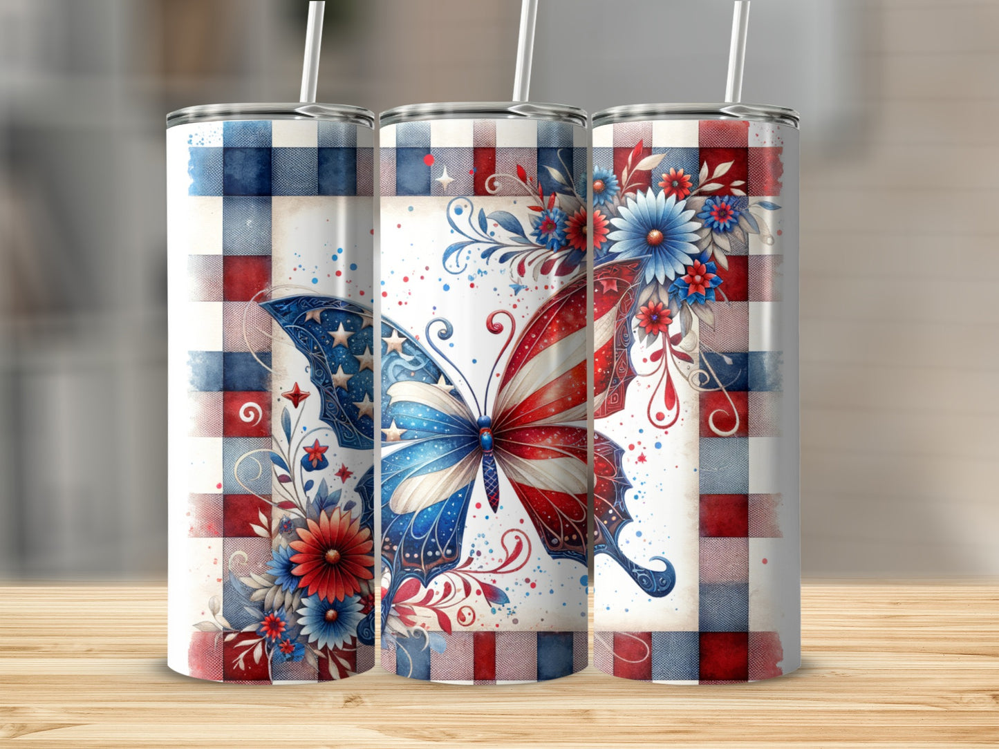 Three tumblers with patriotic butterfly and floral designs on checkered backgrounds.