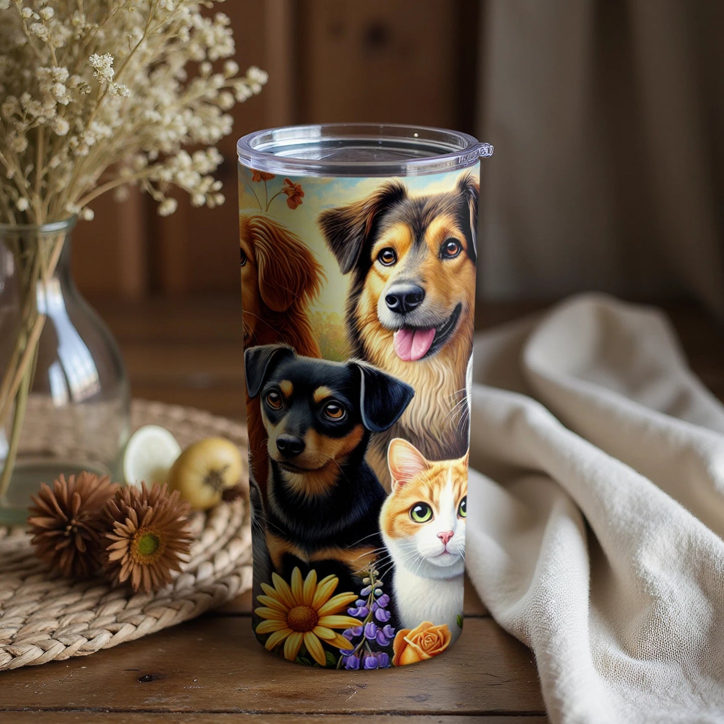 Beautiful Tumbler Featuring Dogs and Cat Floral Design