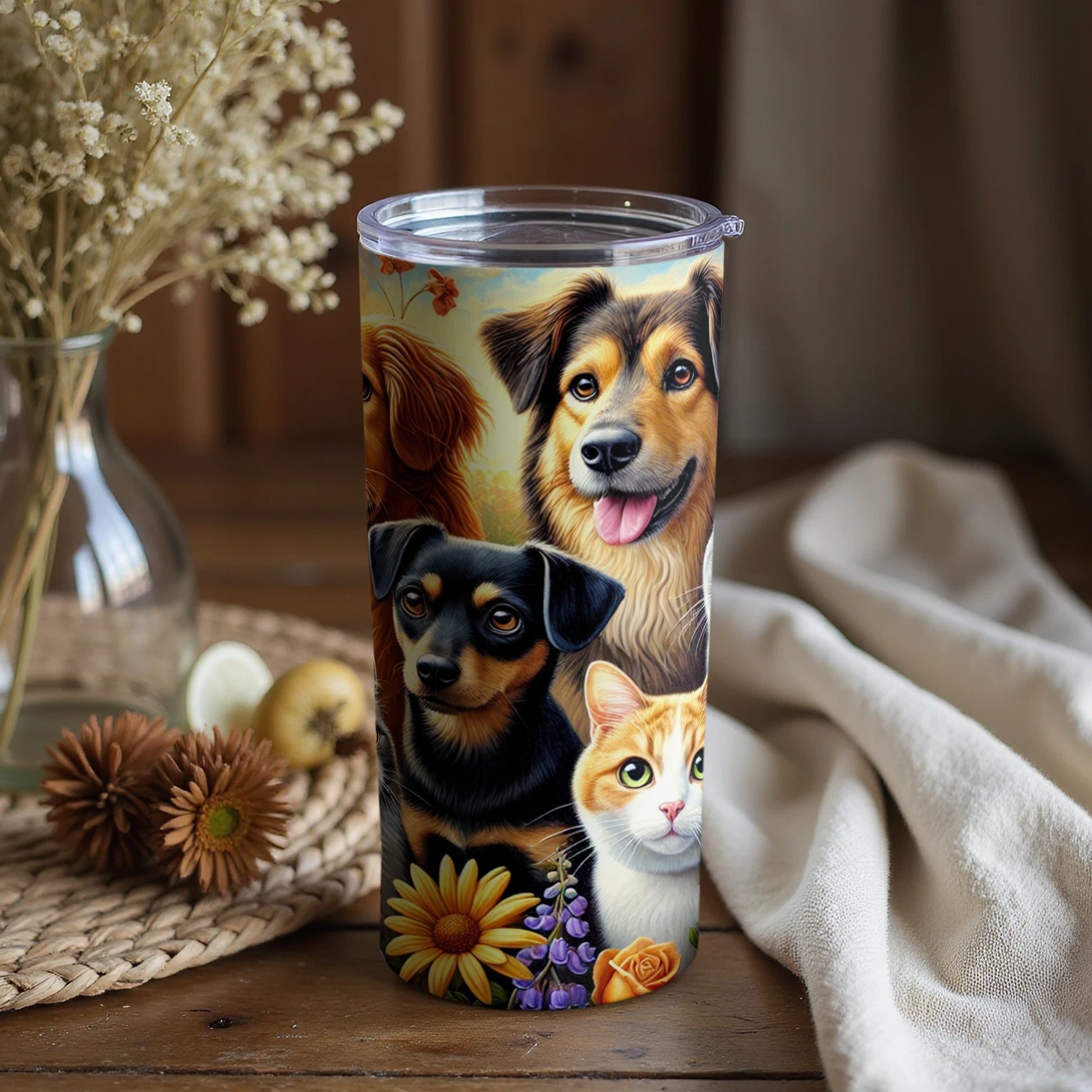 Beautiful Tumbler Featuring Dogs and Cat Floral Design