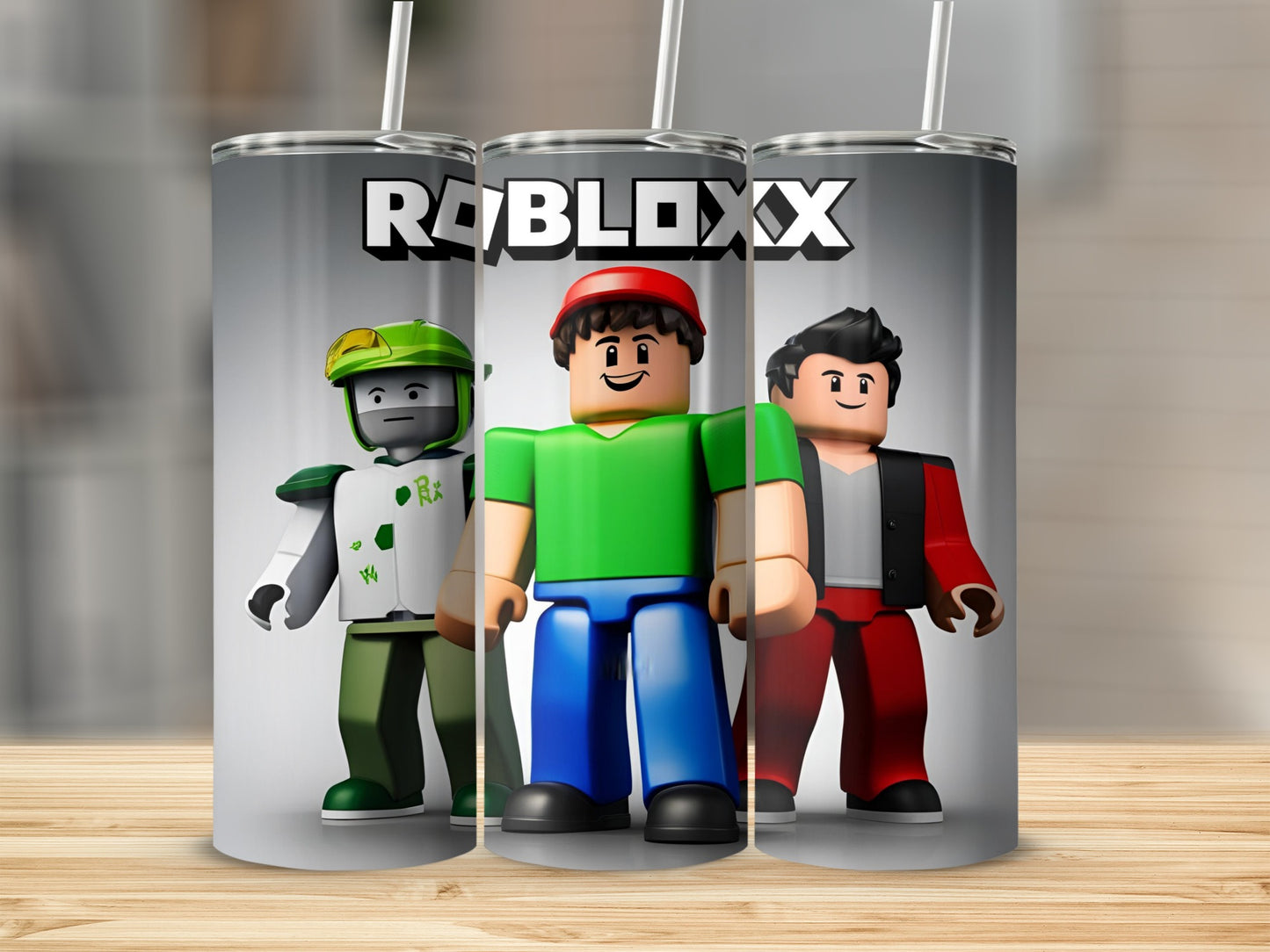 Roblox characters in green, red, and white outfits on a tumbler.