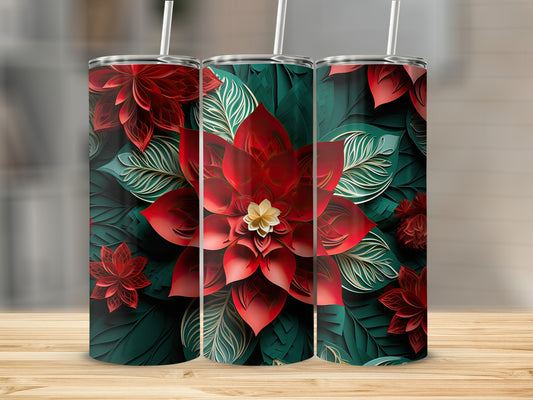 Three tumblers with red poinsettias and dark green leaves pattern.