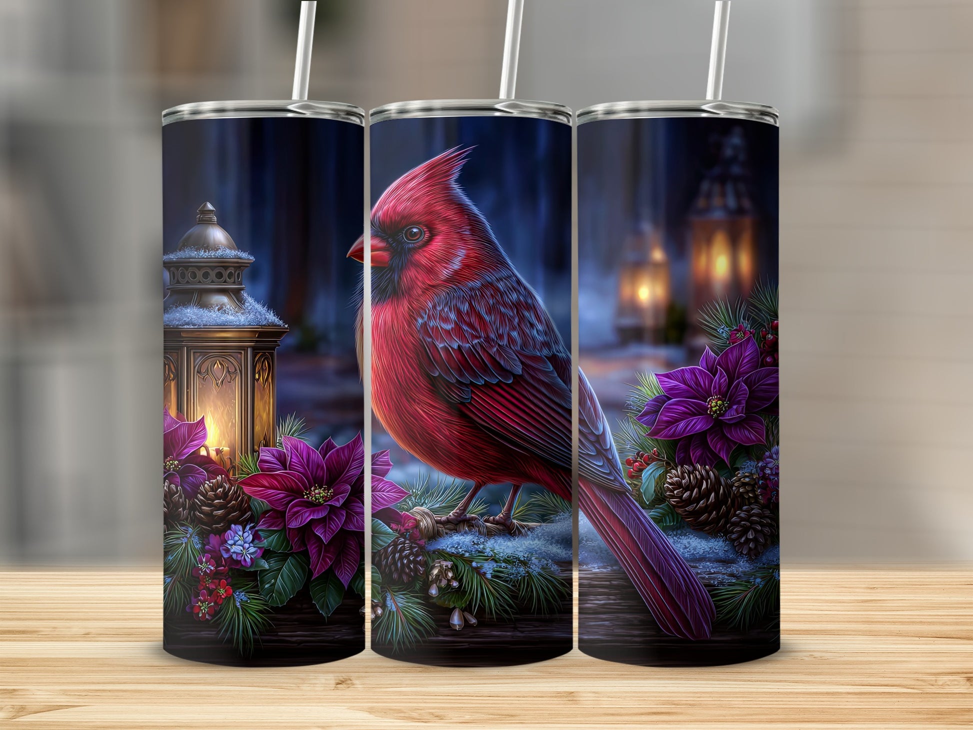 Festive Cardinal and Lantern Floral Scene Tumbler