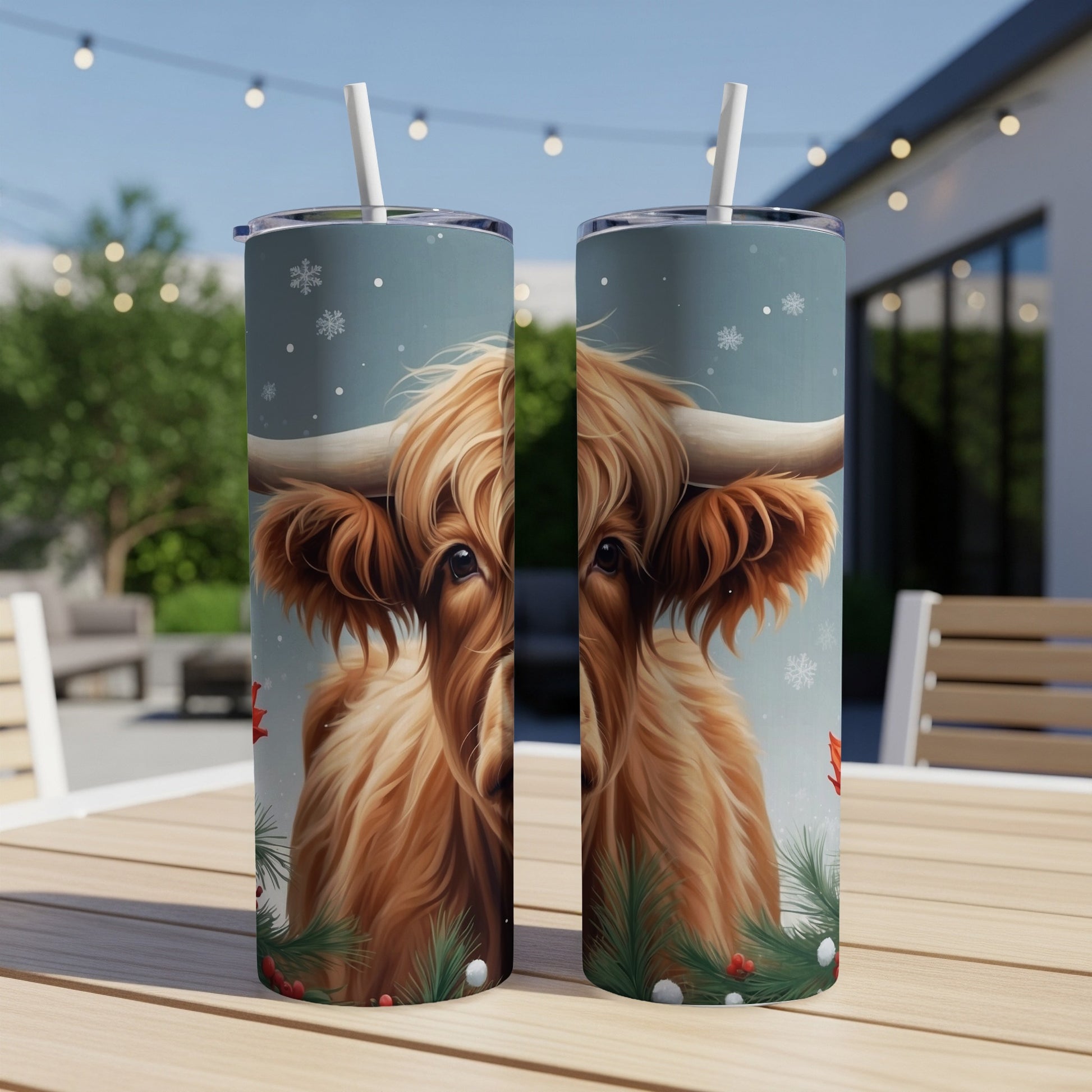 Highland cow with Christmas garland, snowflakes, and festive background on a tumbler.