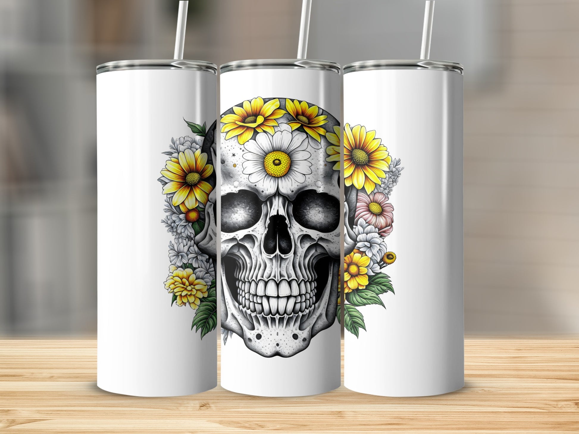 White tumblers with a floral skull design.