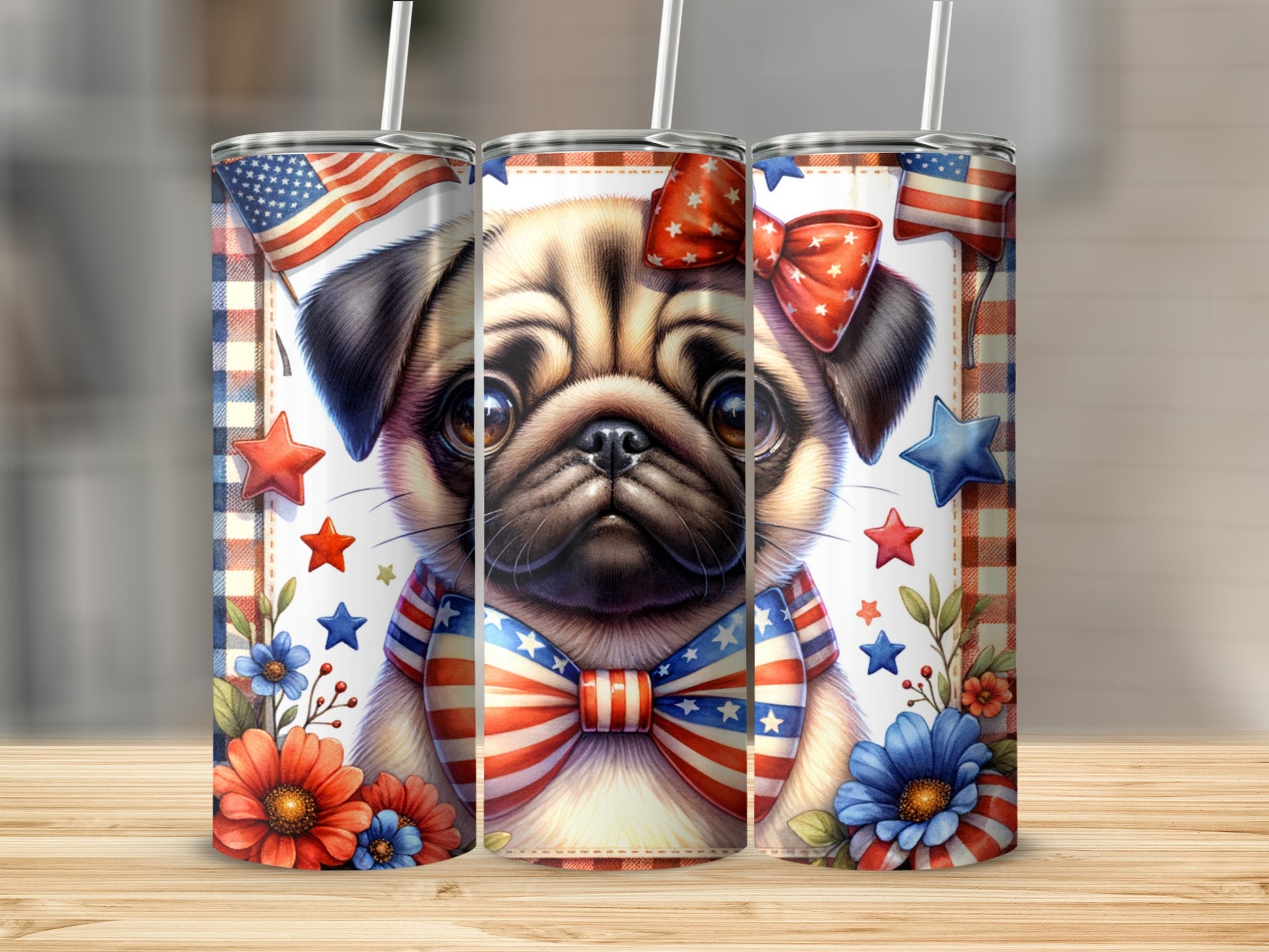 Pug wearing patriotic bow tie and bandana, with floral accents and American flags.