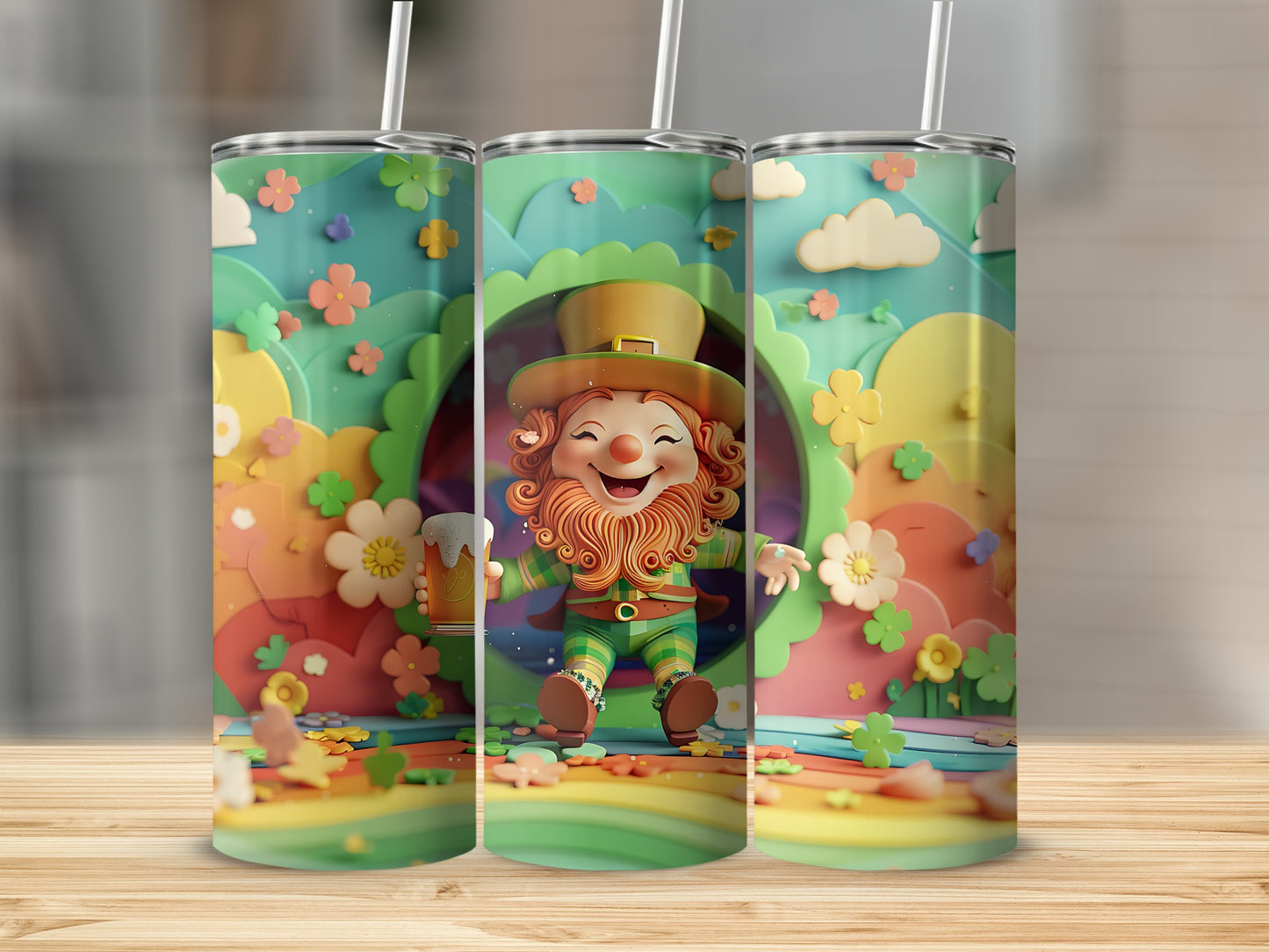 Leprechaun holding a beer mug with colorful St. Patrick's Day themed background.