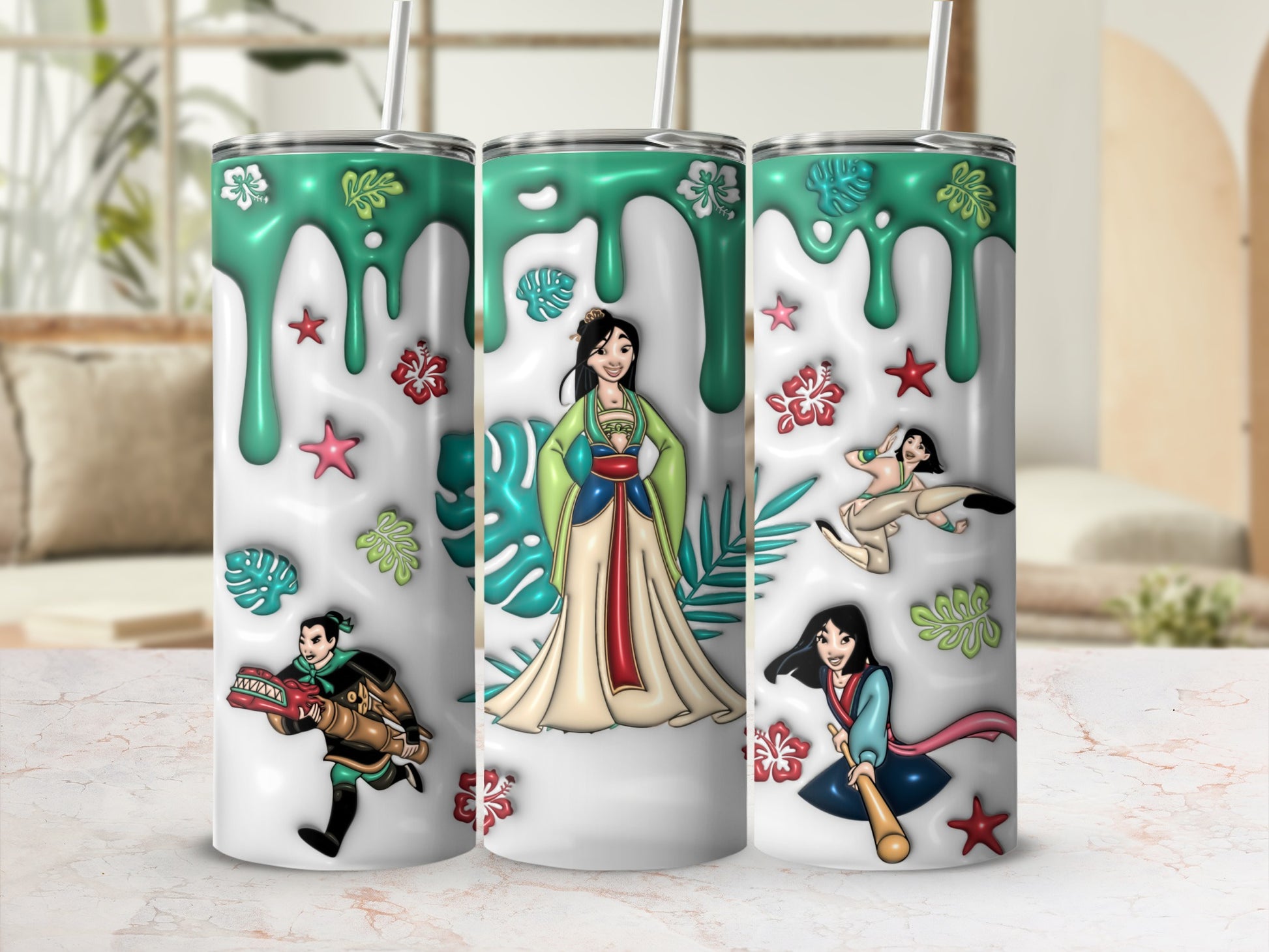 Mulan character designs with green drip and floral accents on tumblers.