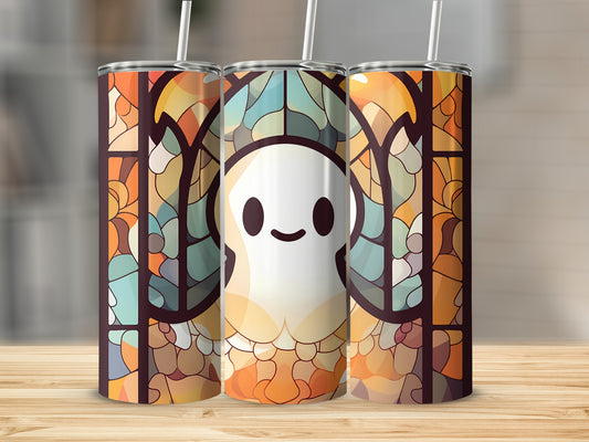 Ghost stained glass pattern on three tumblers with straws.