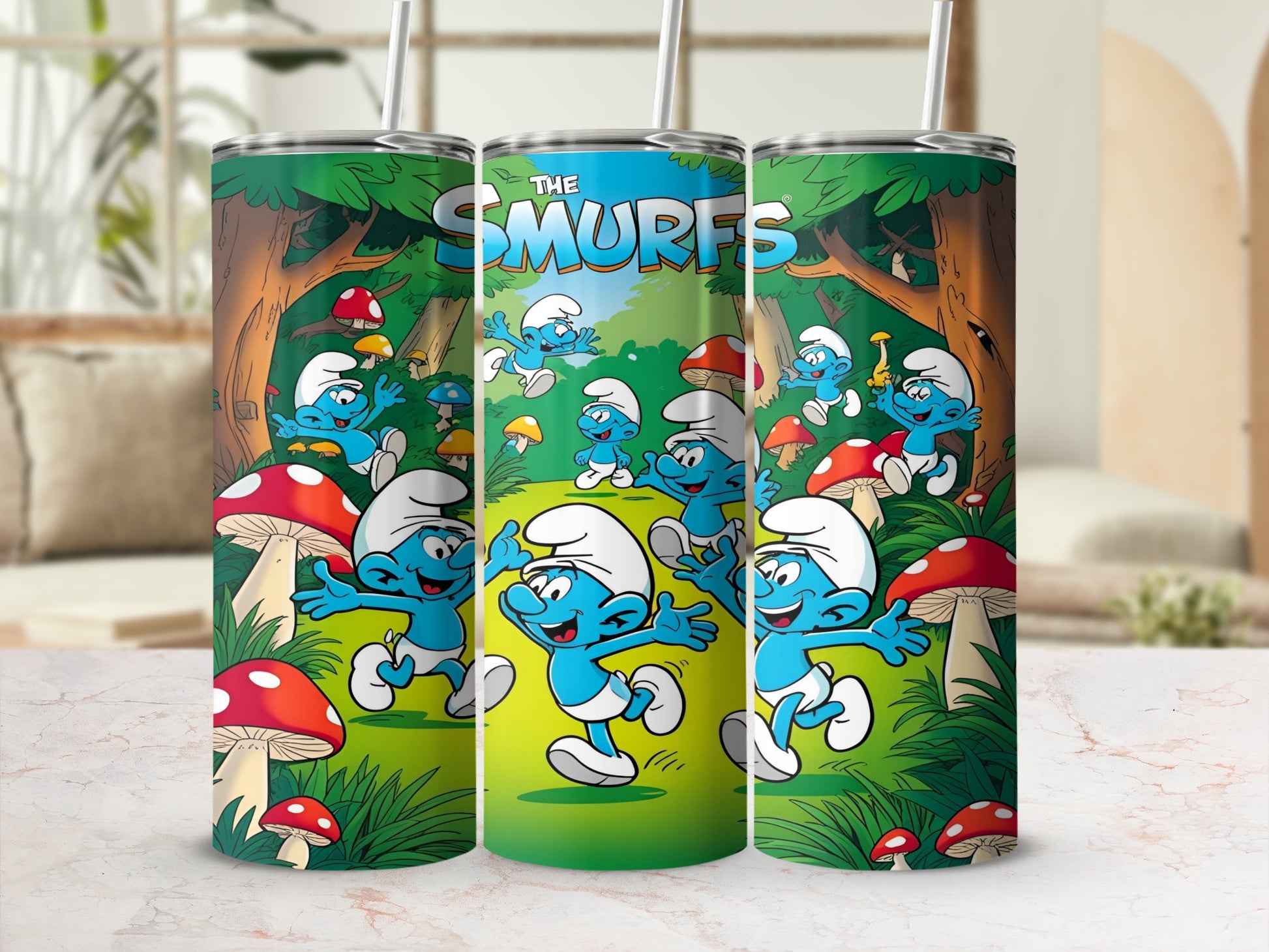 The Smurfs characters dancing among mushrooms in a forest.