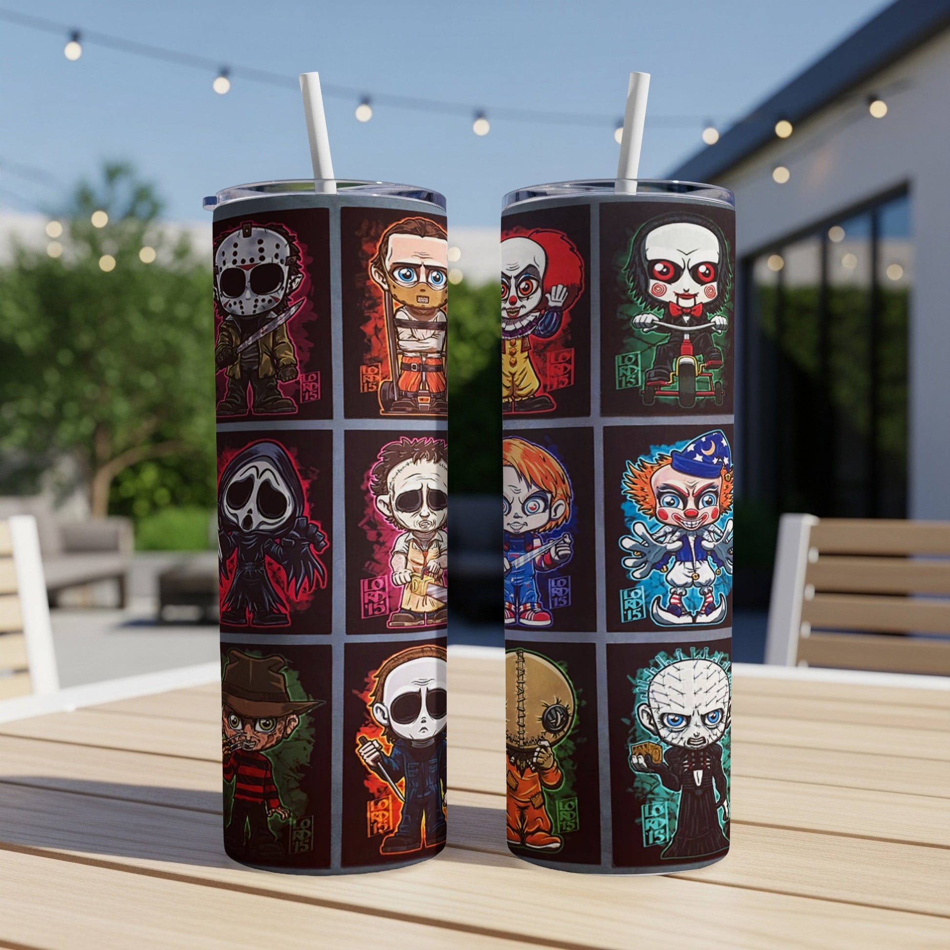 Two tumblers featuring grid of chibi horror movie characters in cartoon style.