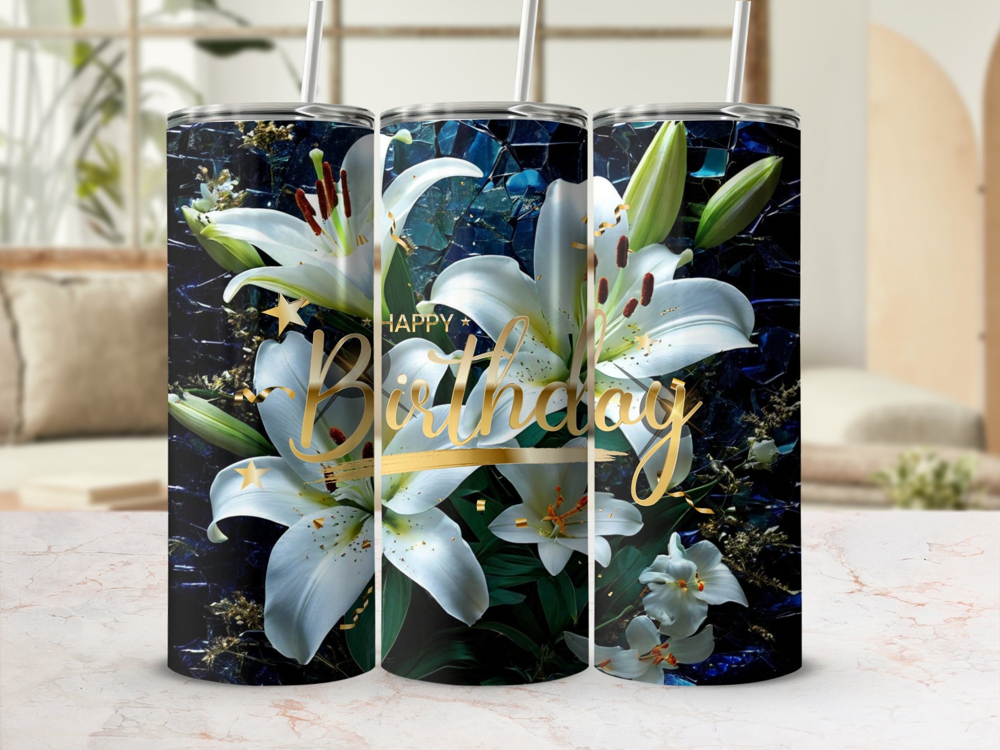 Three tumblers with white lilies and "Happy Birthday" text on a dark background.
