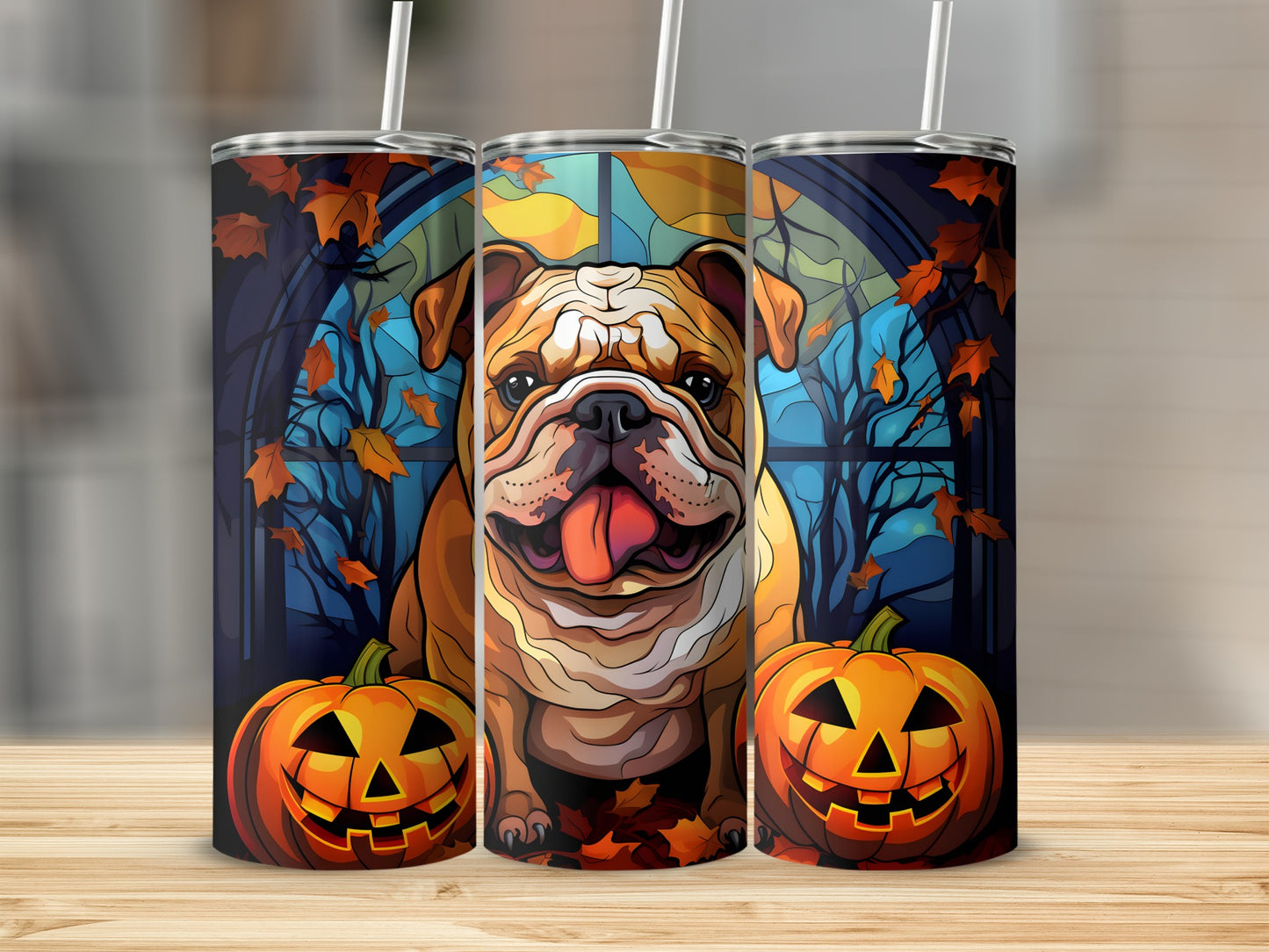 Bulldog with pumpkins and fall leaves on tumblers.