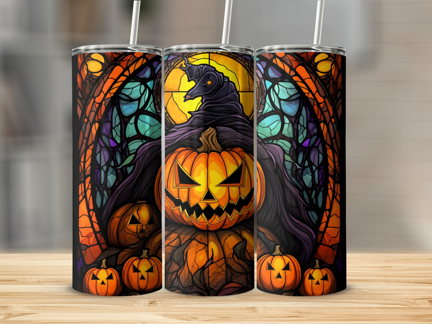 Halloween tumbler with stained glass design featuring a jack-o'-lantern witch.