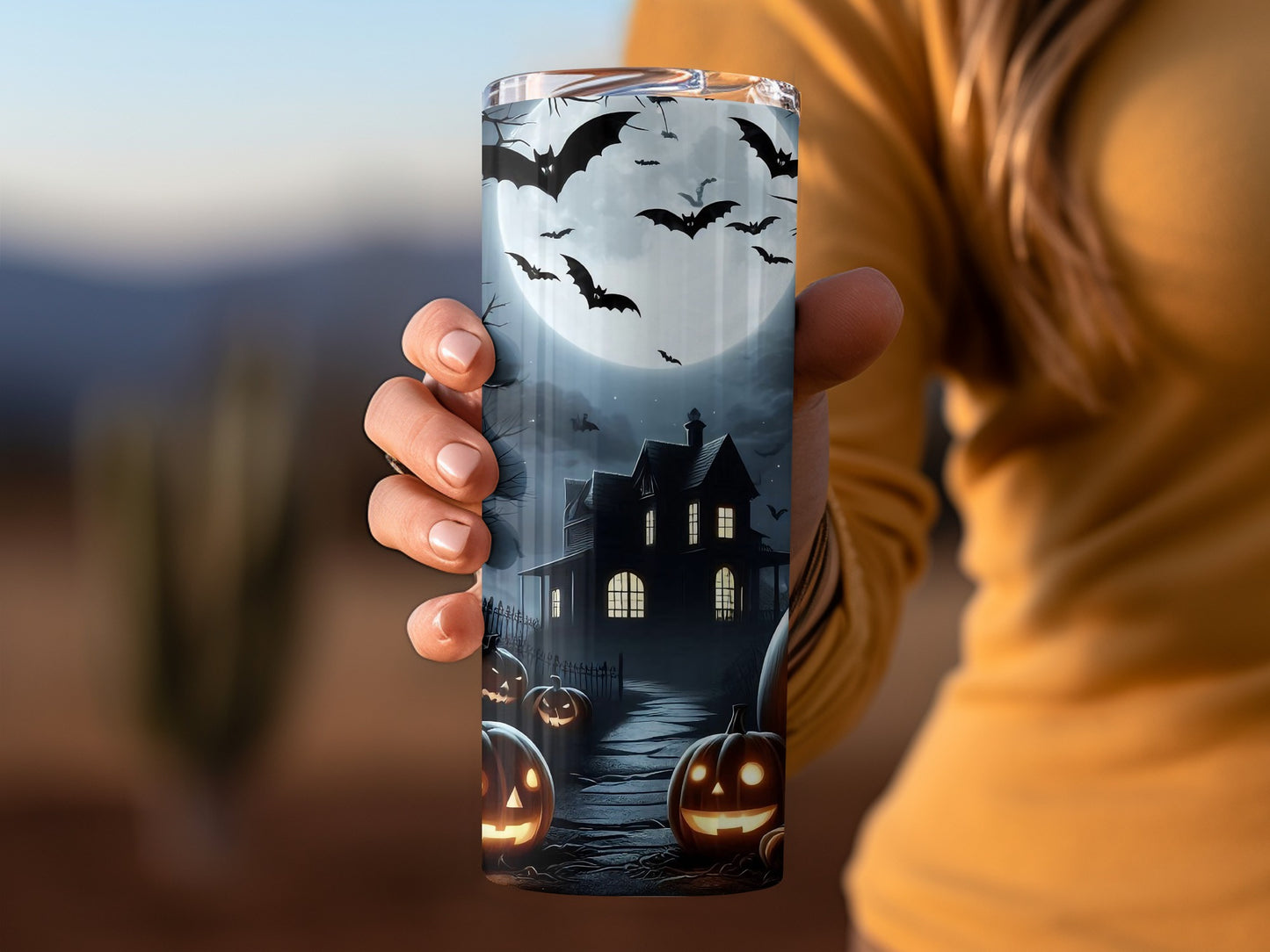 Spooky Halloween Haunted House with Bats Tumbler